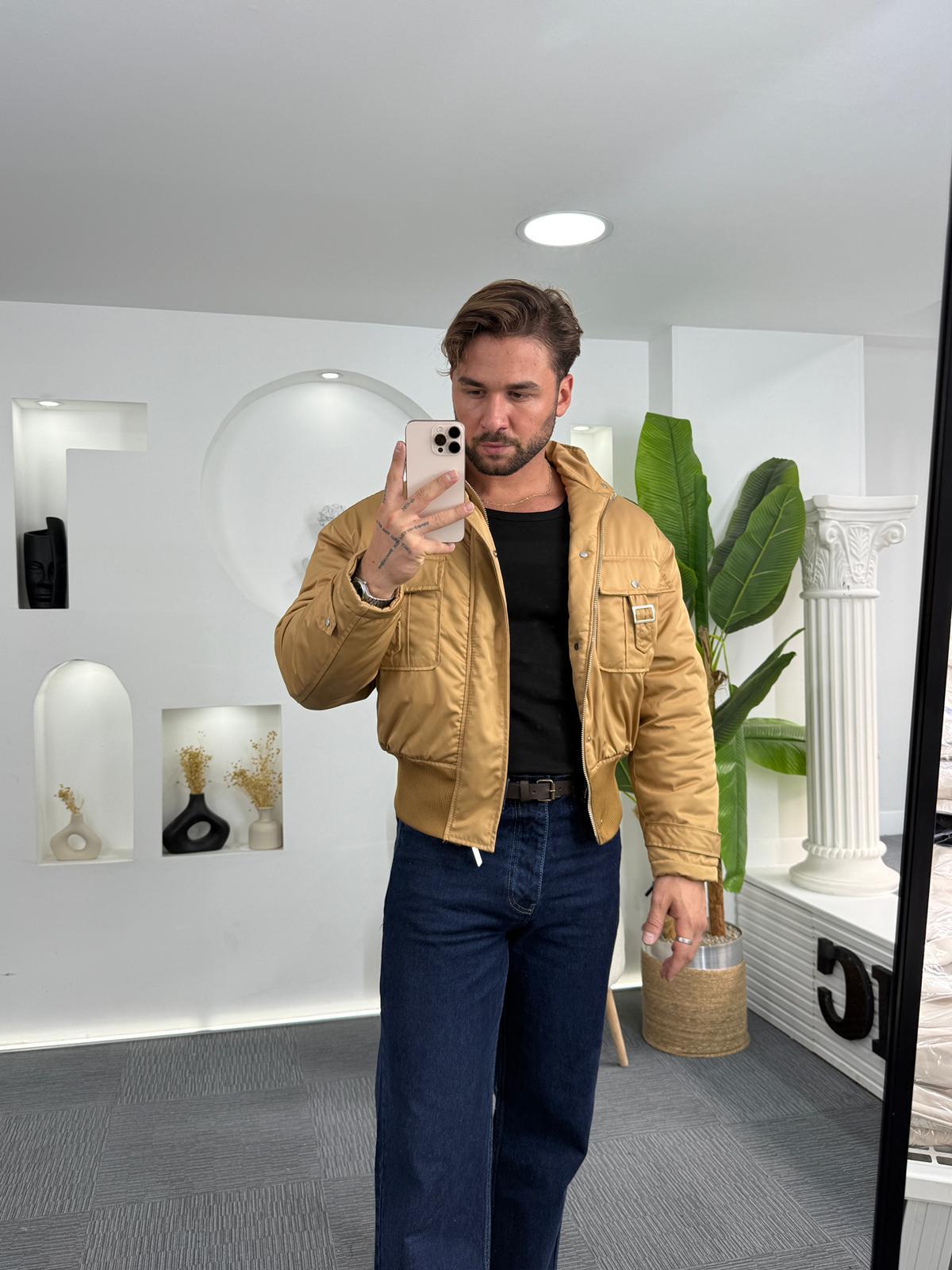 Krem Giesto Çift Cep Bomber Crop Ceket