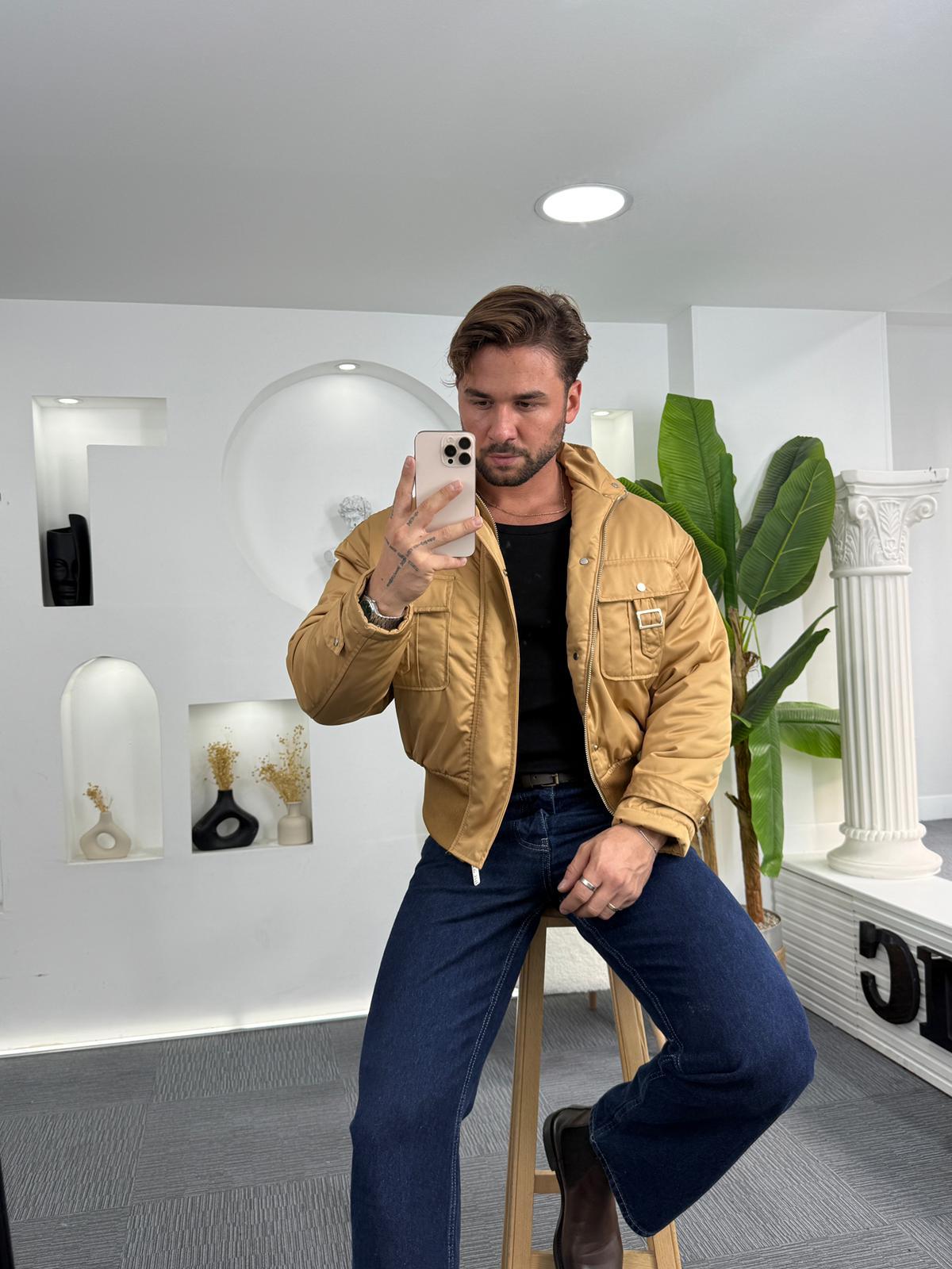 Krem Giesto Çift Cep Bomber Crop Ceket