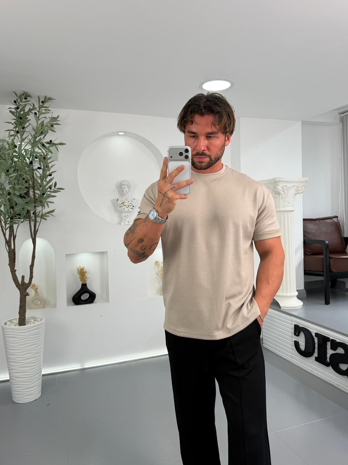 Krem RL Oysho Kumaş Oversize Tshirt