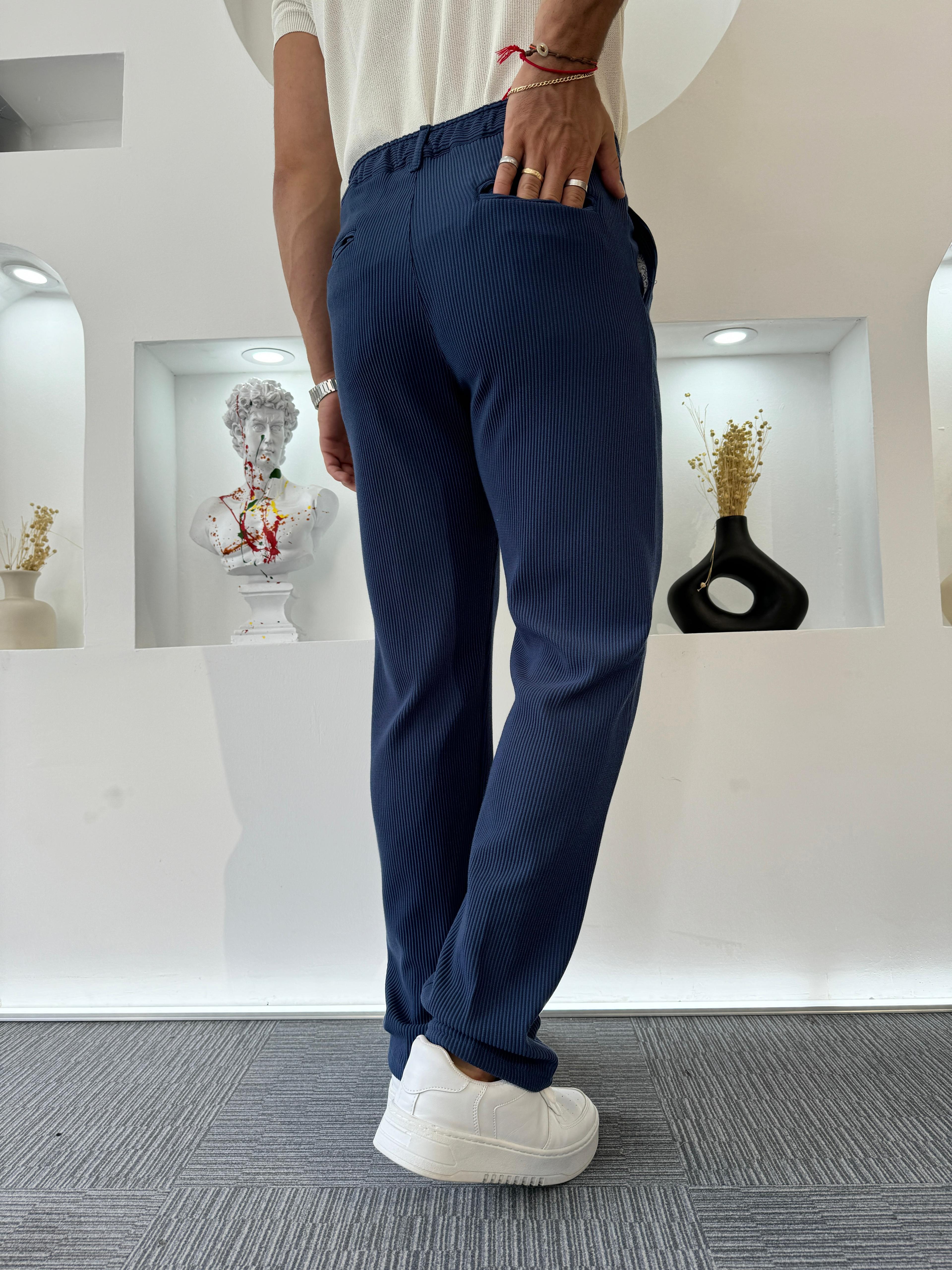 Lacivert Fitilli Pileli Baggy Pantolon