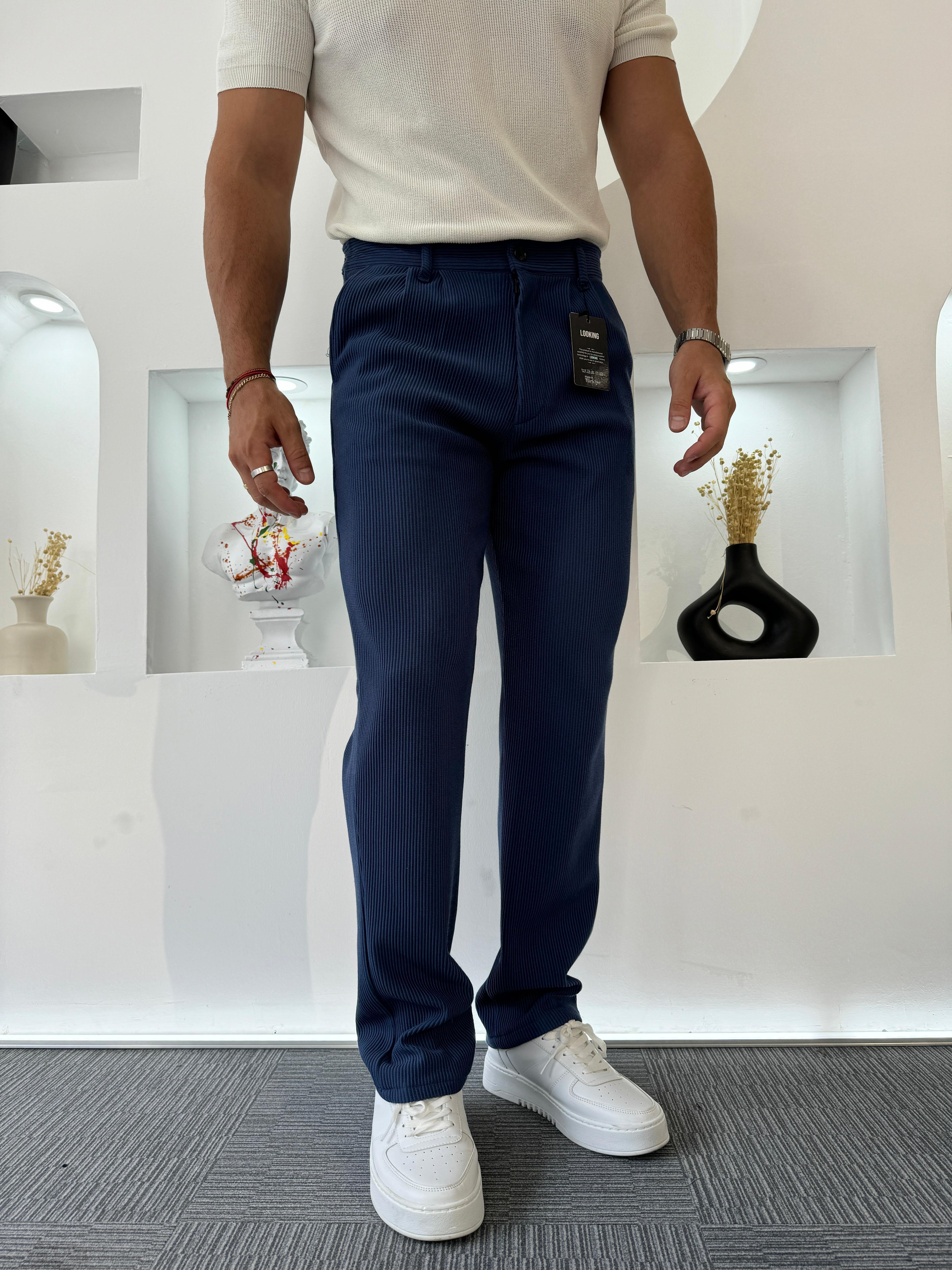 Lacivert Fitilli Pileli Baggy Pantolon