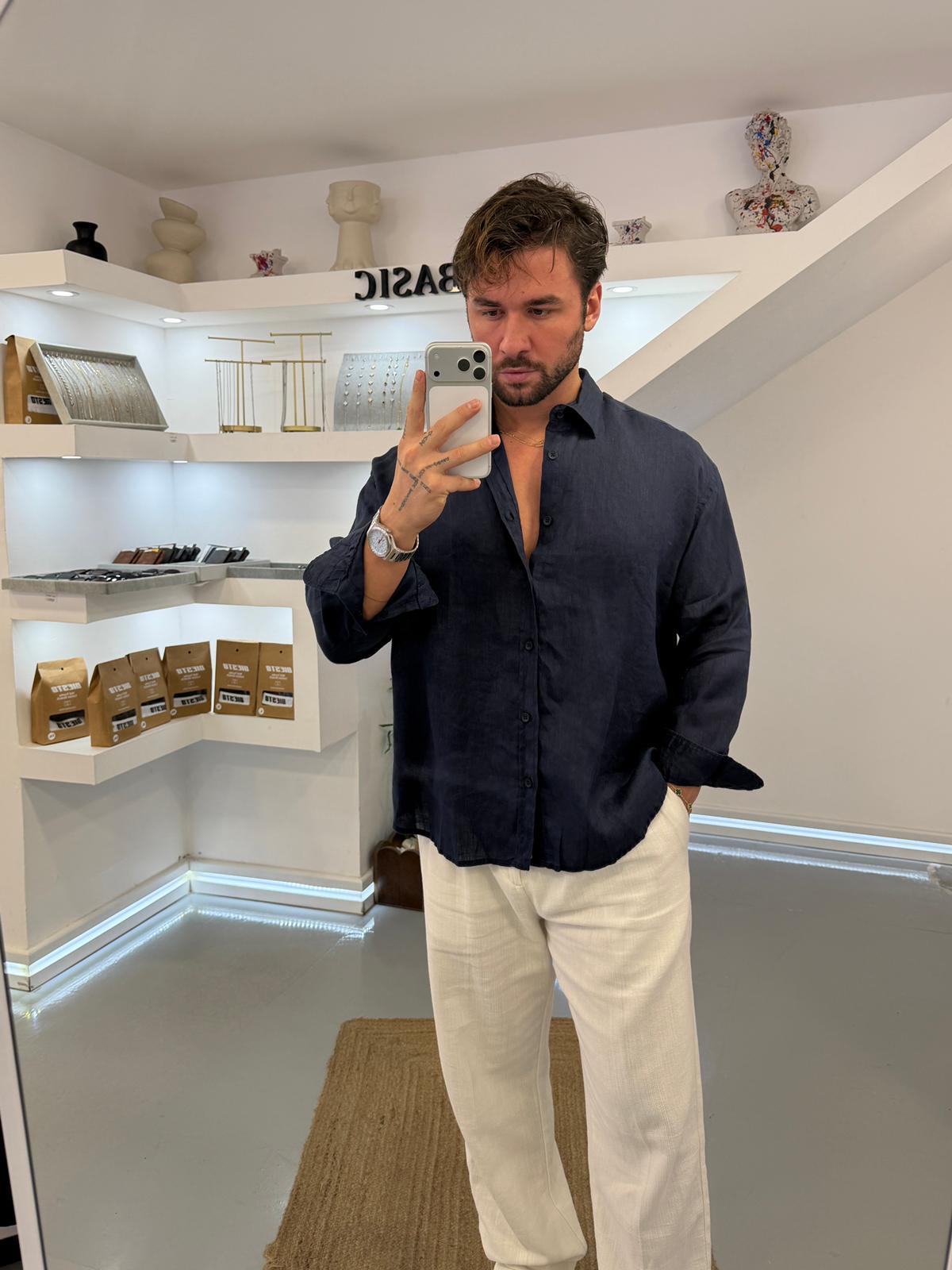 Lacivert GG %100 Linen Oversize Premium Gömlek