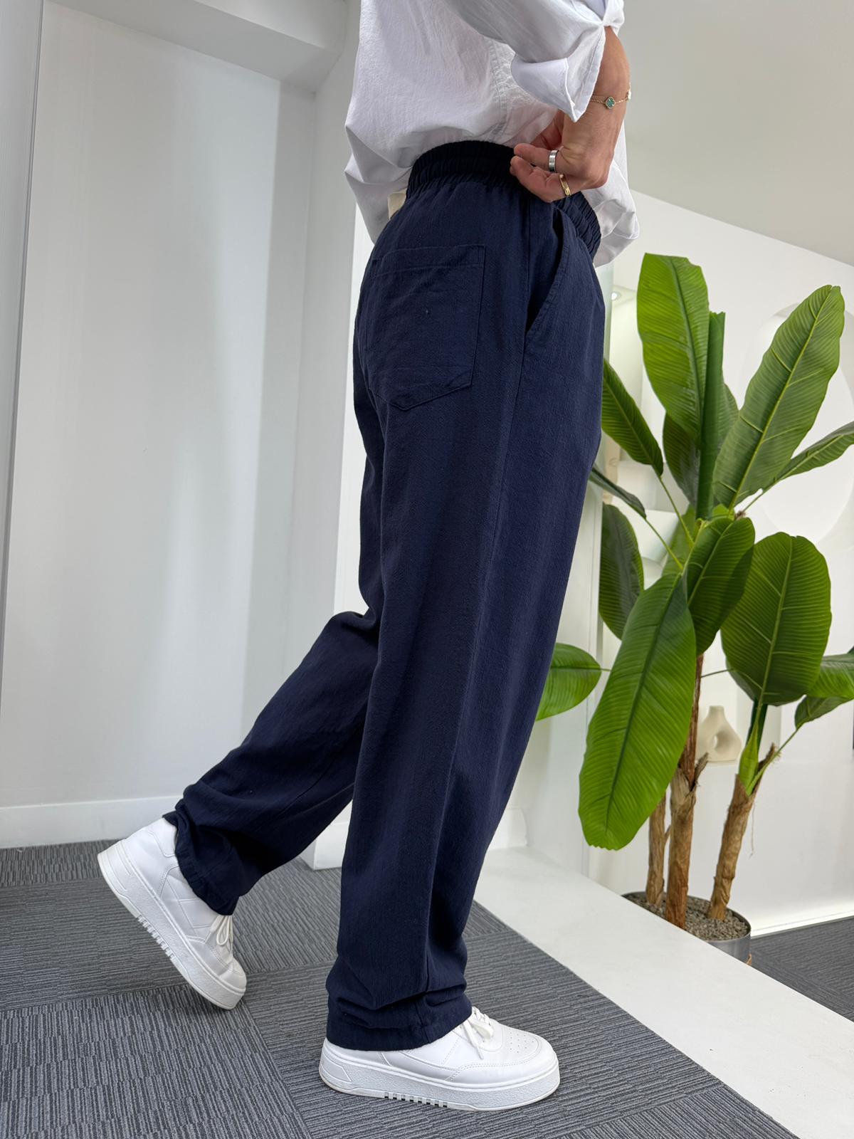 Lacivert GG Basic Baggy Keten Pantolon