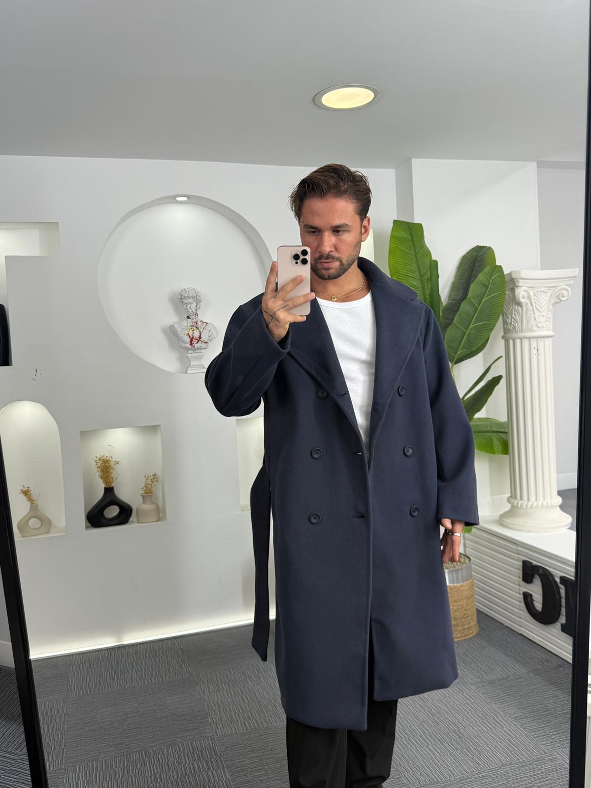 Lacivert GG Kuşaklı Oversize Kaban