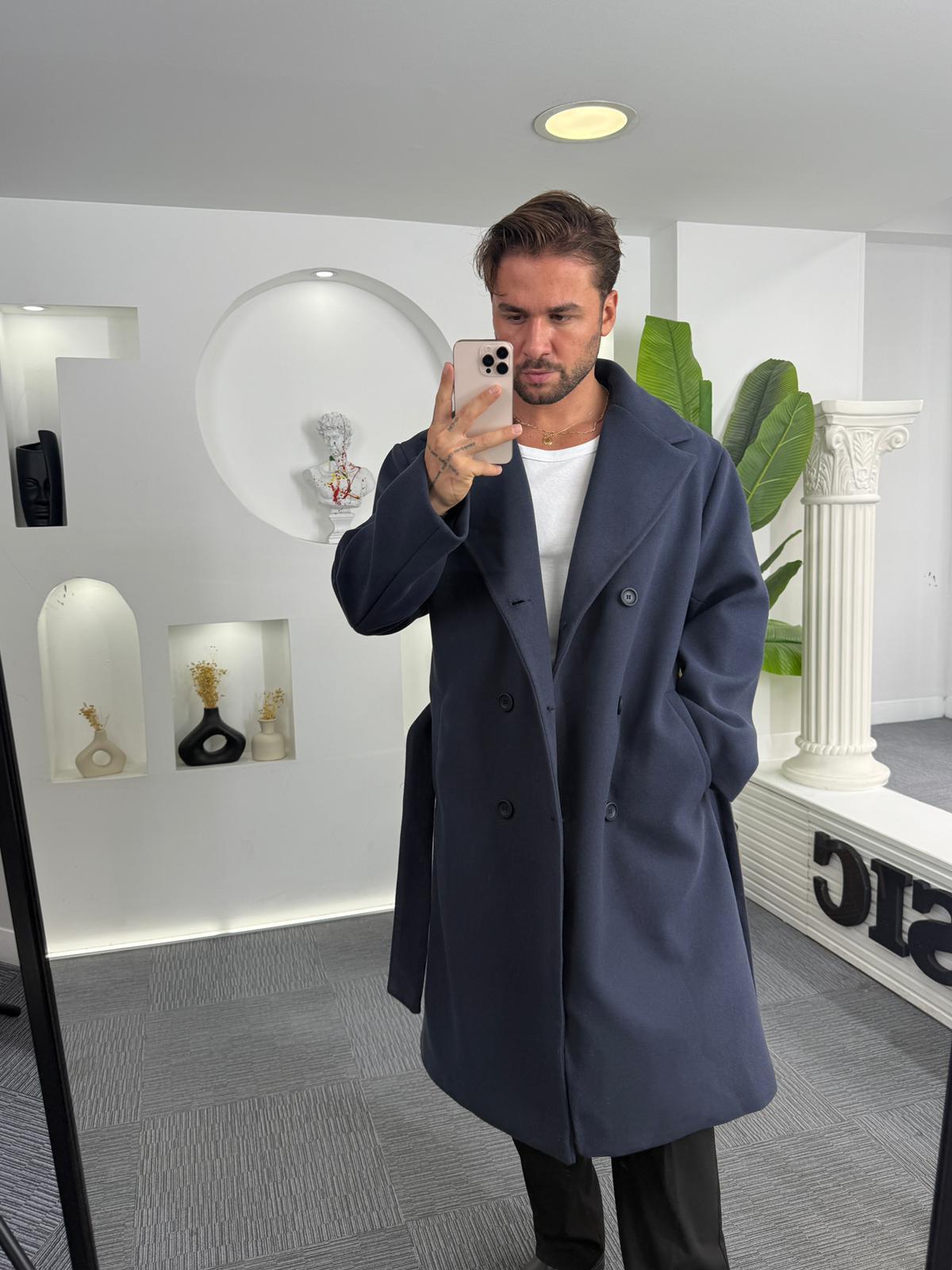 Lacivert GG Kuşaklı Oversize Kaban