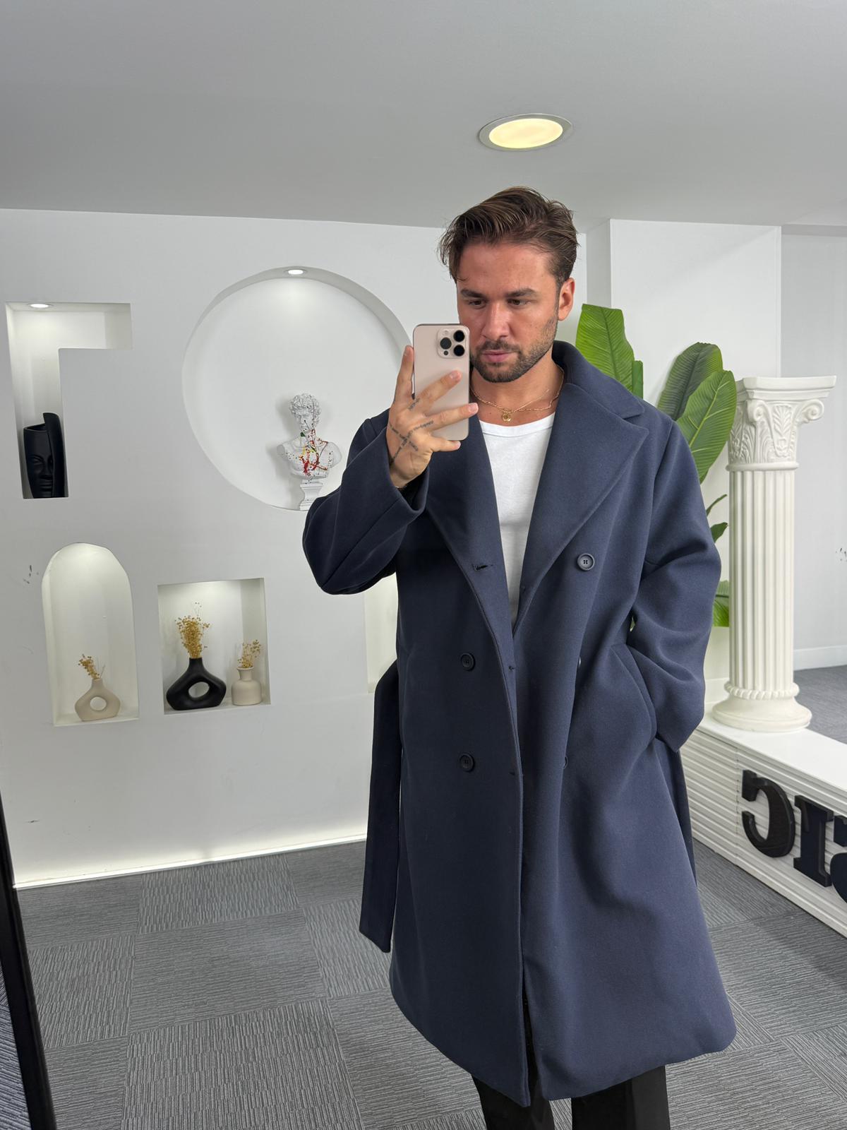 Lacivert GG Kuşaklı Oversize Kaban