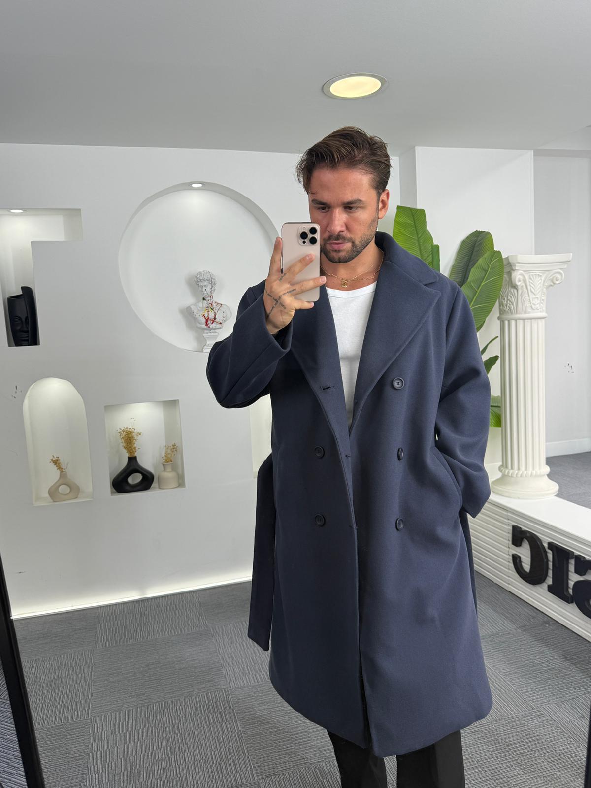 Lacivert GG Kuşaklı Oversize Kaban