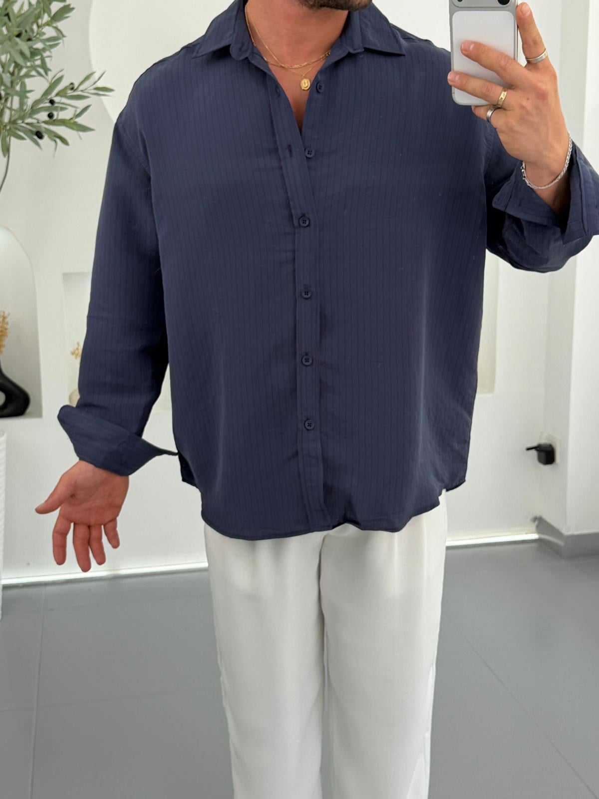 Lacivert GG Oversize Dikey Çizgili Modal Gömlek