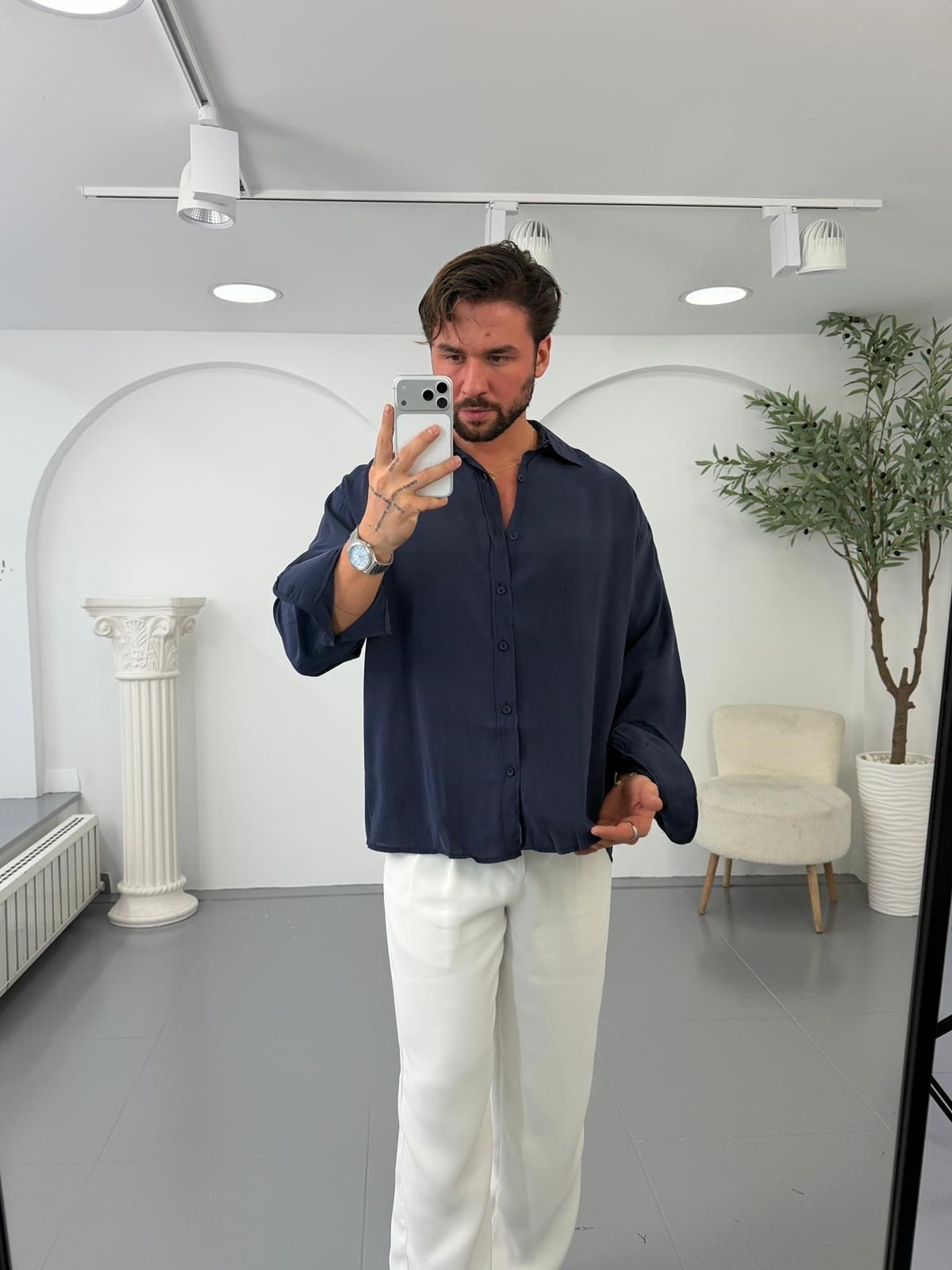 Lacivert GG Oversize Modal Gömlek