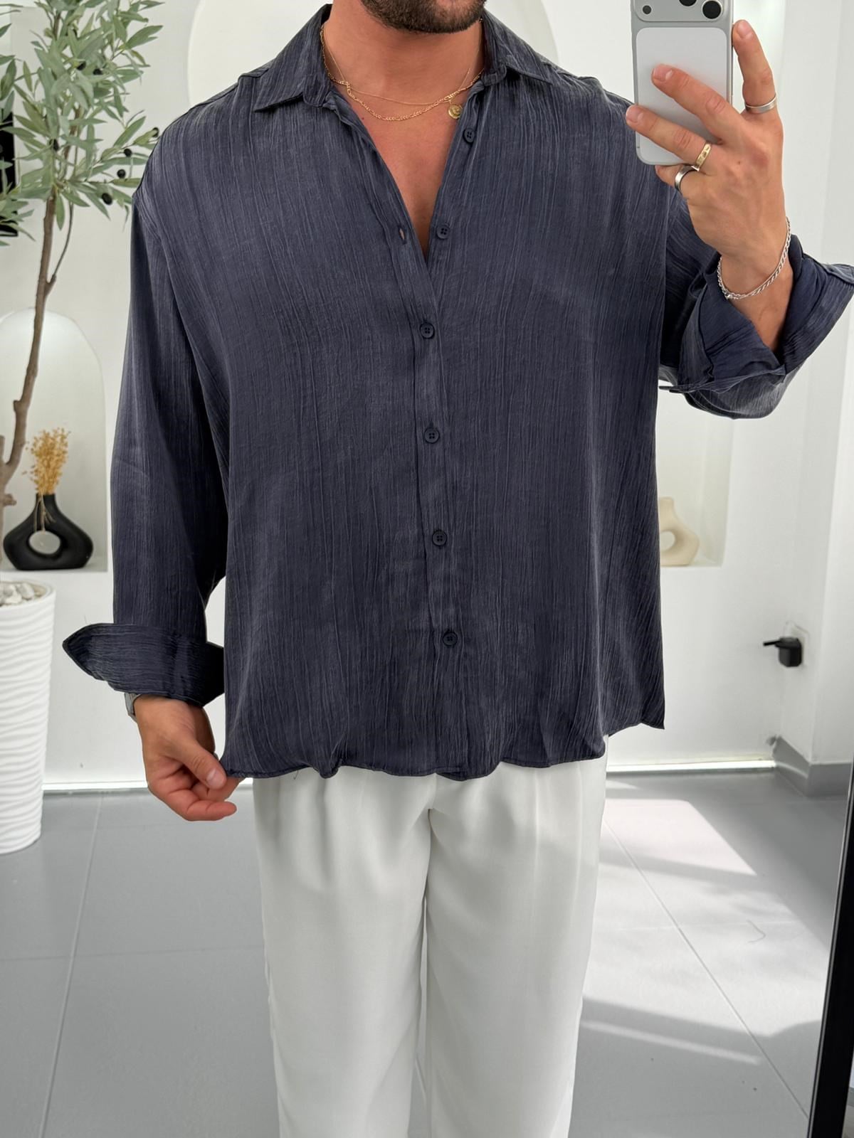 Lacivert GG Premium Parlak Sülfür Oversize Gömlek
