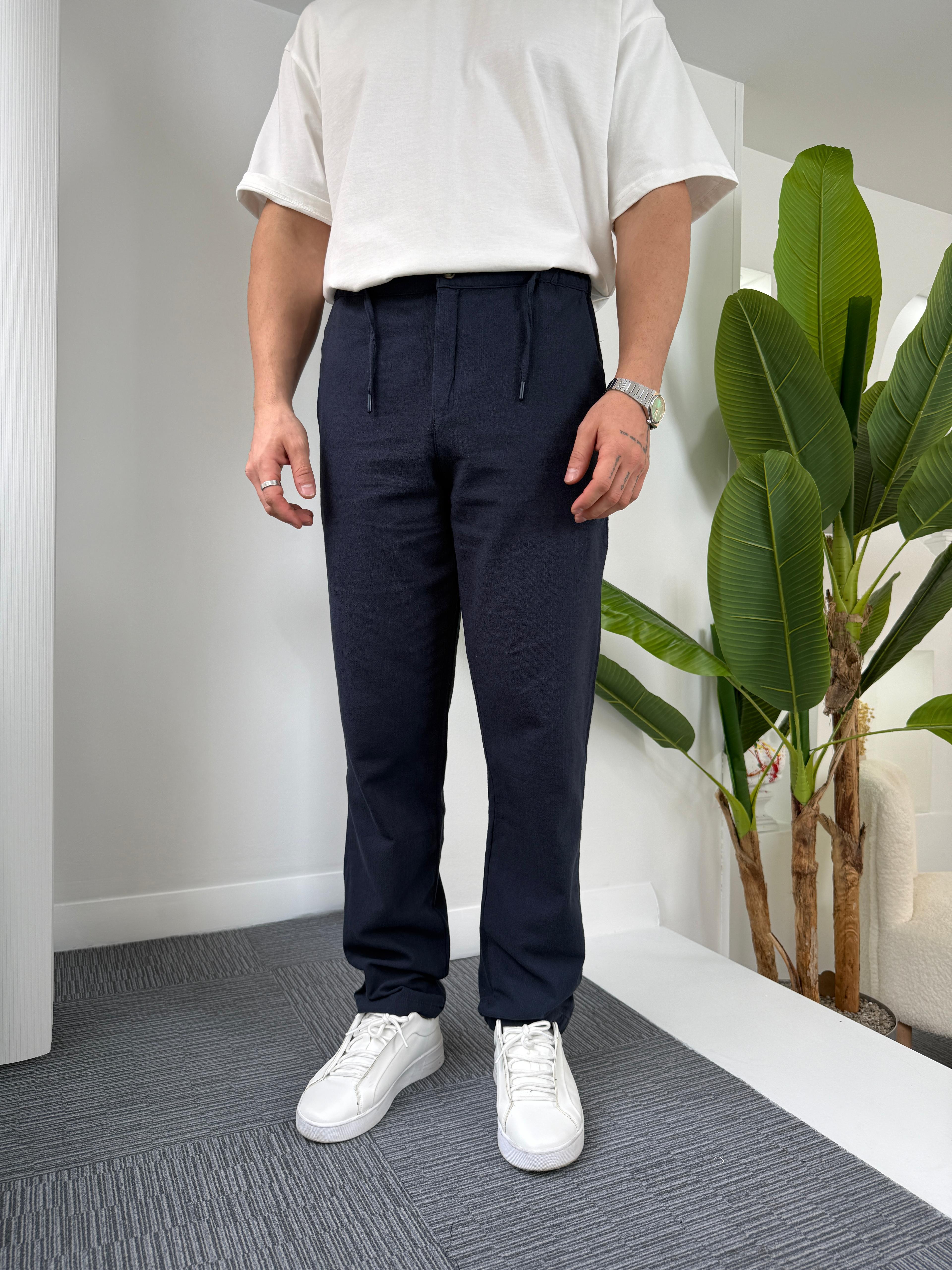 Lacivert Giesto BF Kalıp Linen Pantolon