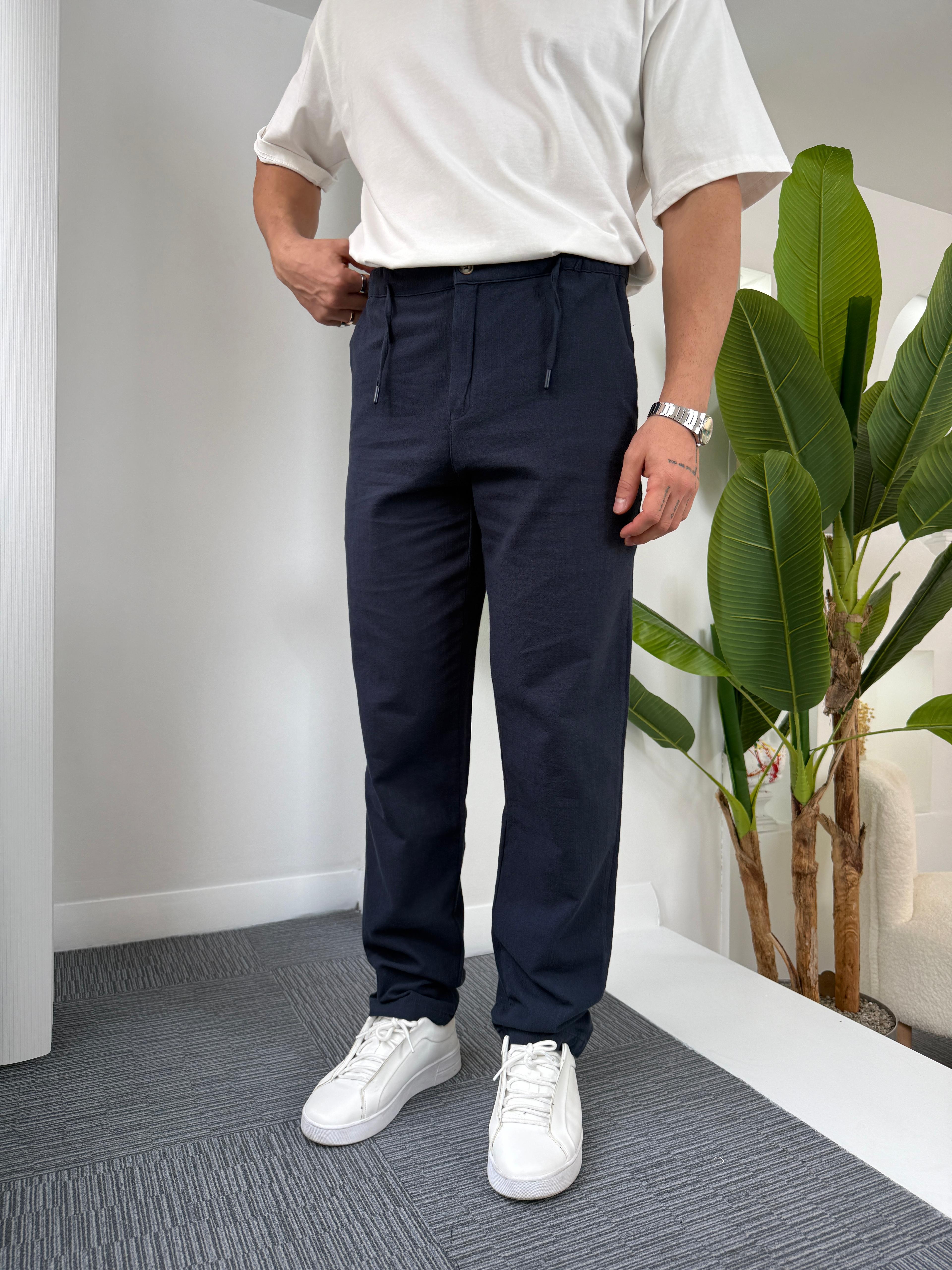 Lacivert Giesto BF Kalıp Linen Pantolon