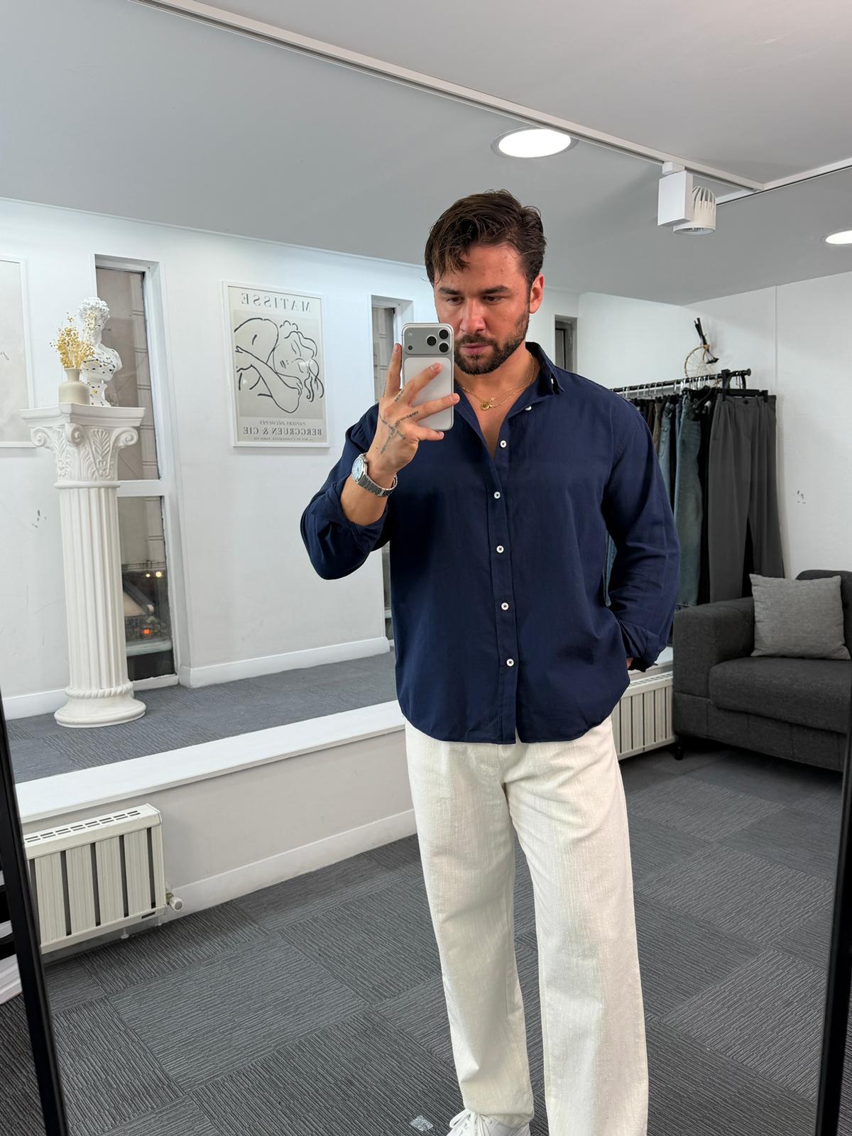 Lacivert Giesto Oversize Fresh Keten Gömlek