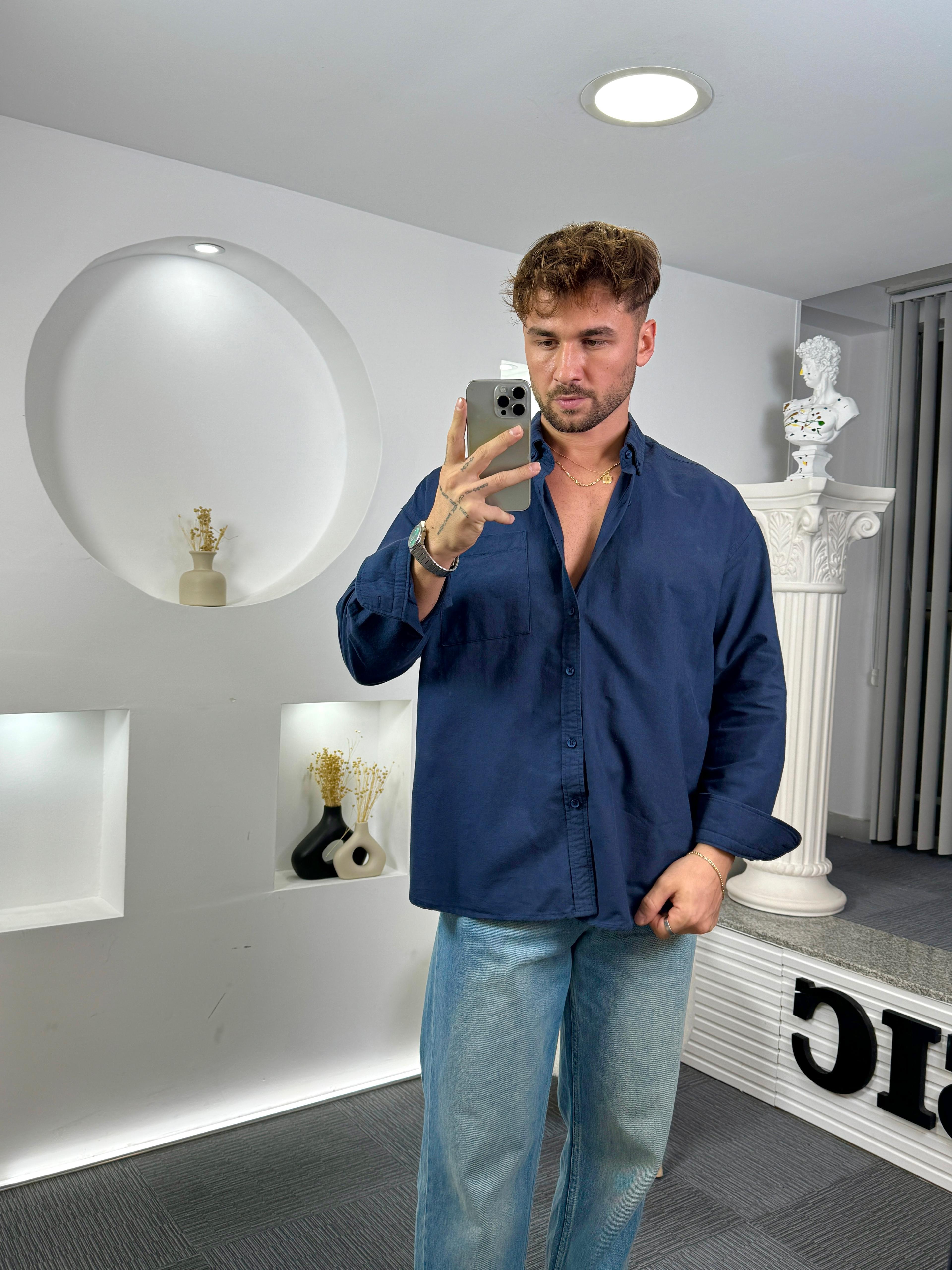 Lacivert Oversize Cepli Oxford Premium Gömlek