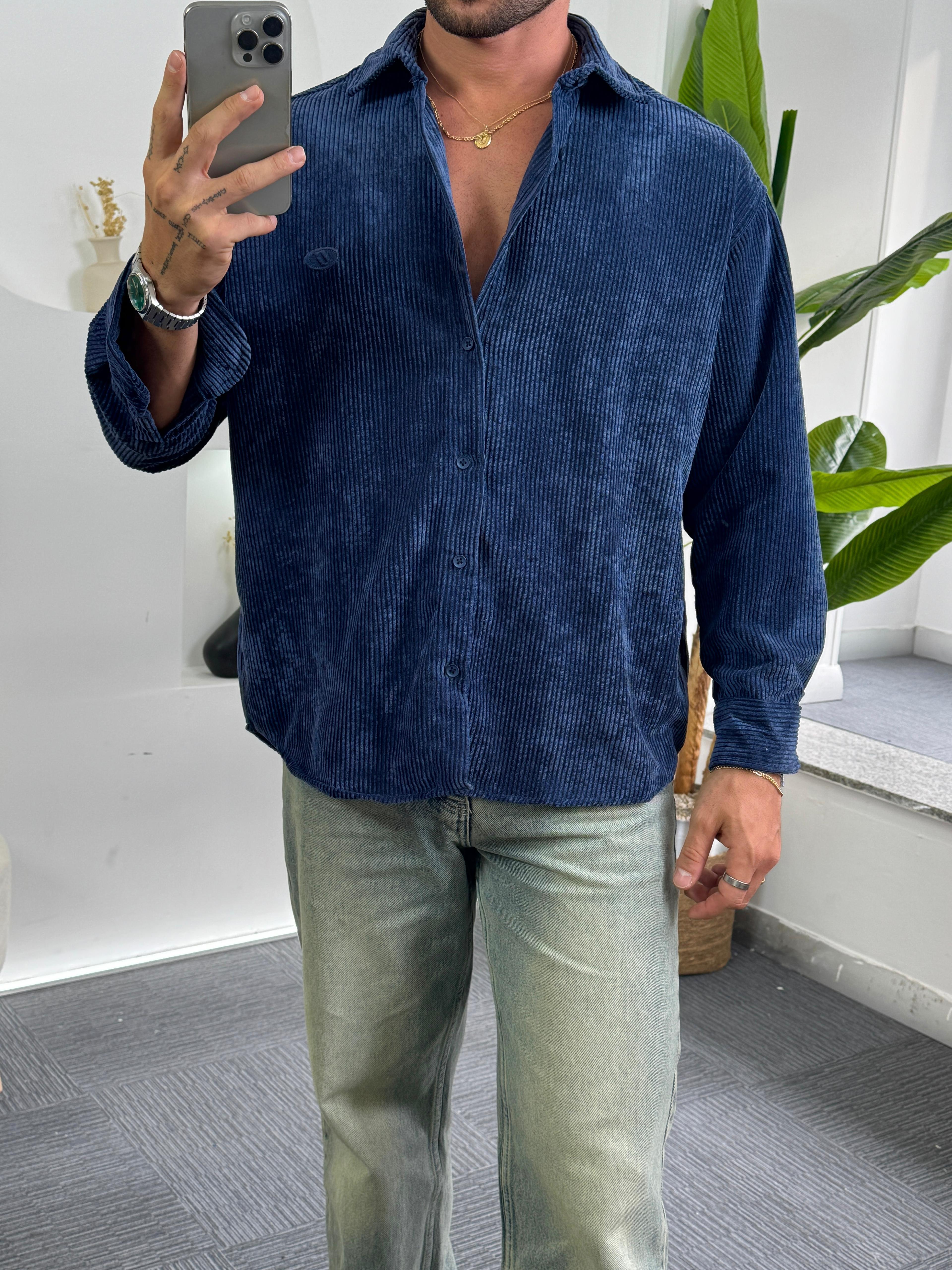 Lacivert Oversize GG Kadife Gömlek