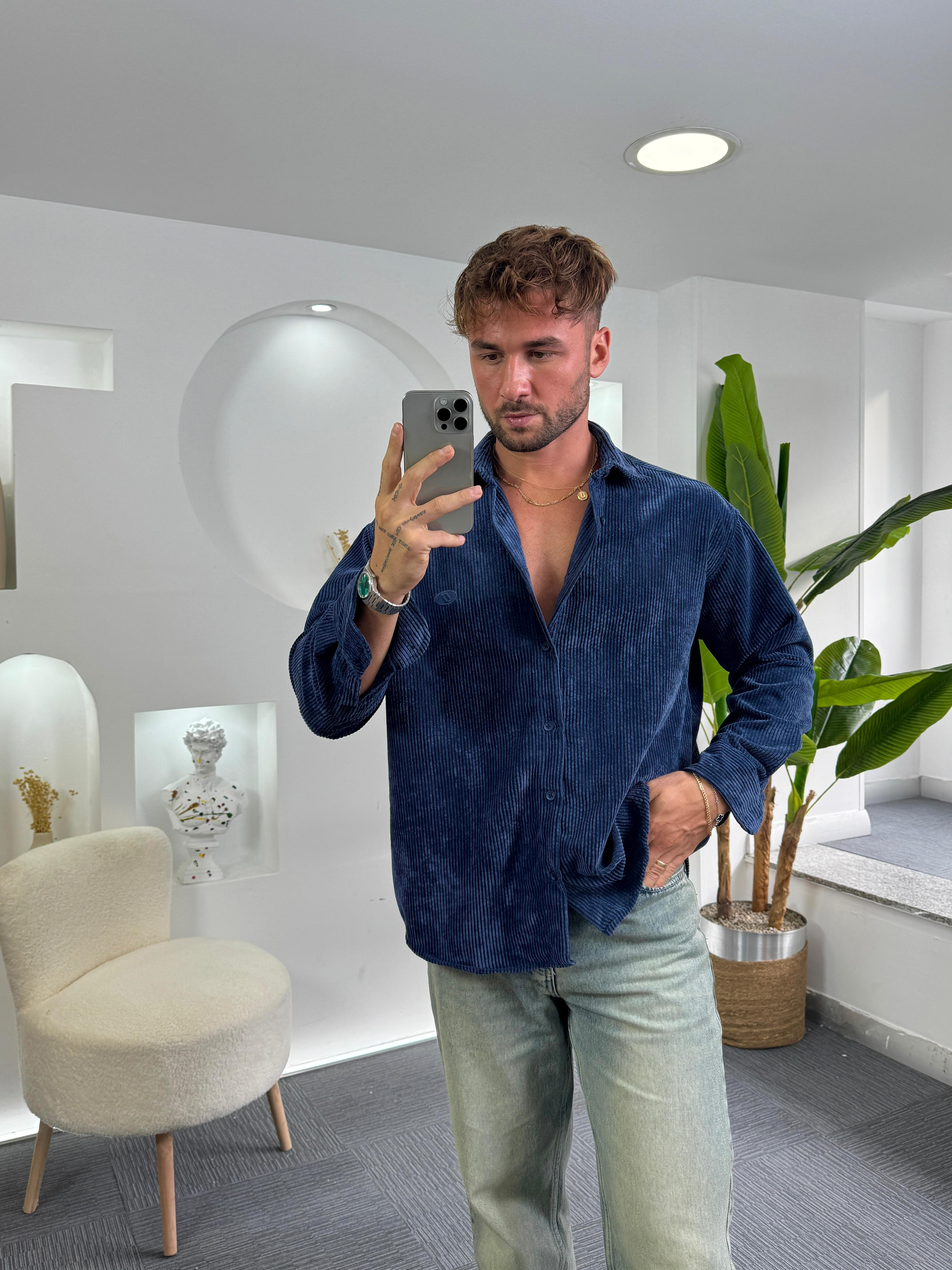 Lacivert Oversize GG Kadife Gömlek