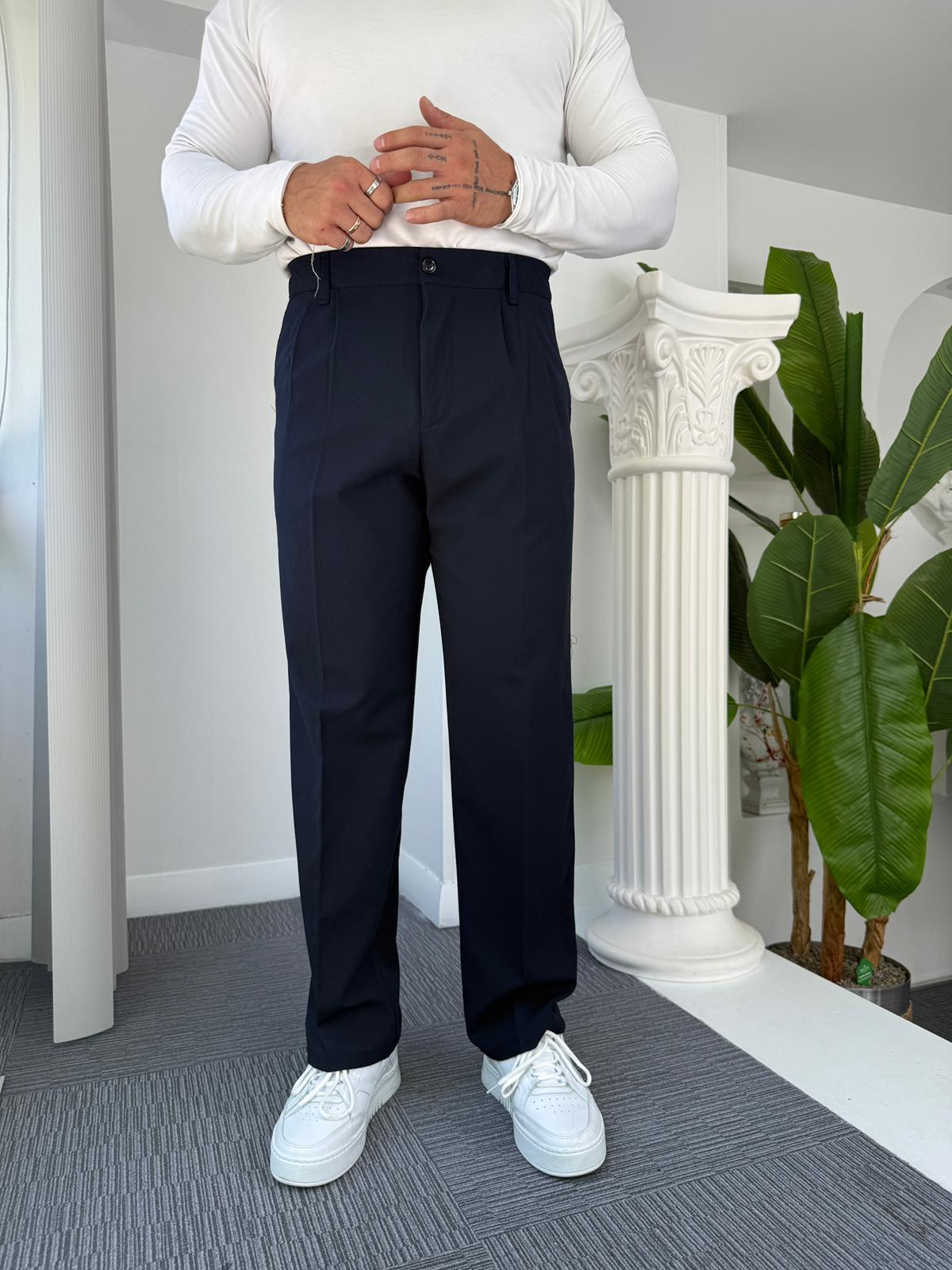 Lacivert Pileli Baggy Kumaş Pantolon 