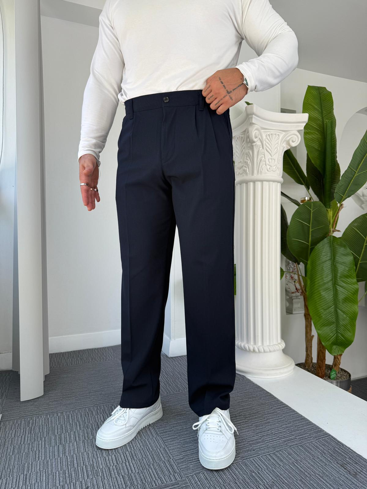 Lacivert Pileli Baggy Kumaş Pantolon 