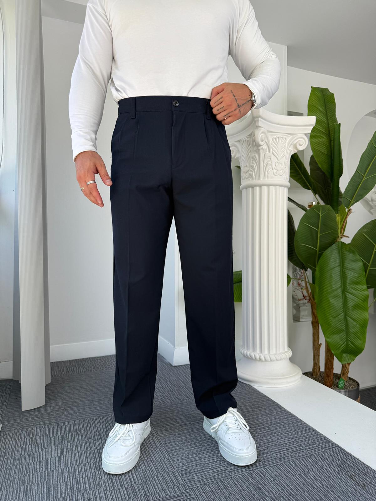Lacivert Pileli Baggy Kumaş Pantolon 