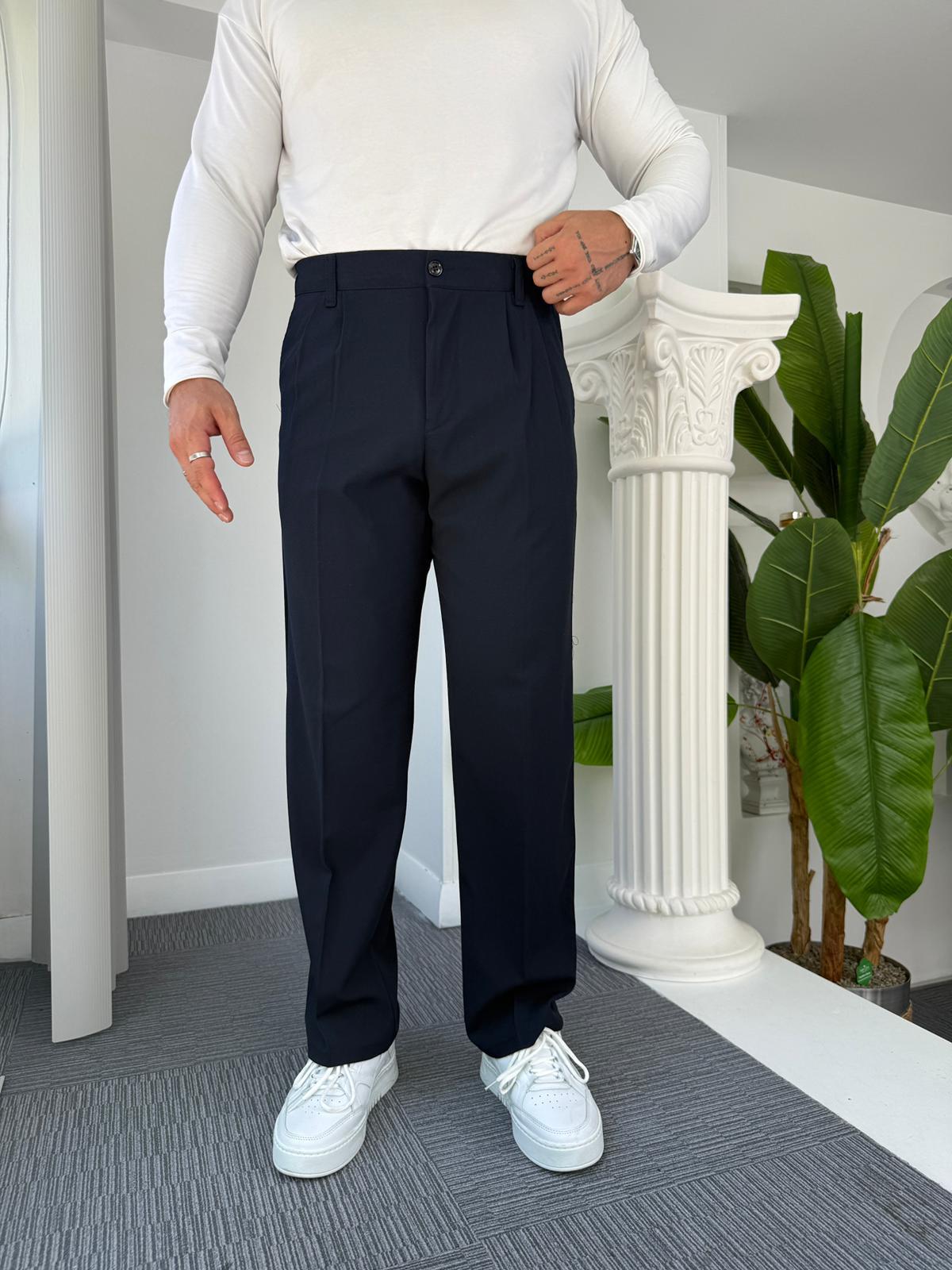 Lacivert Pileli Baggy Kumaş Pantolon 