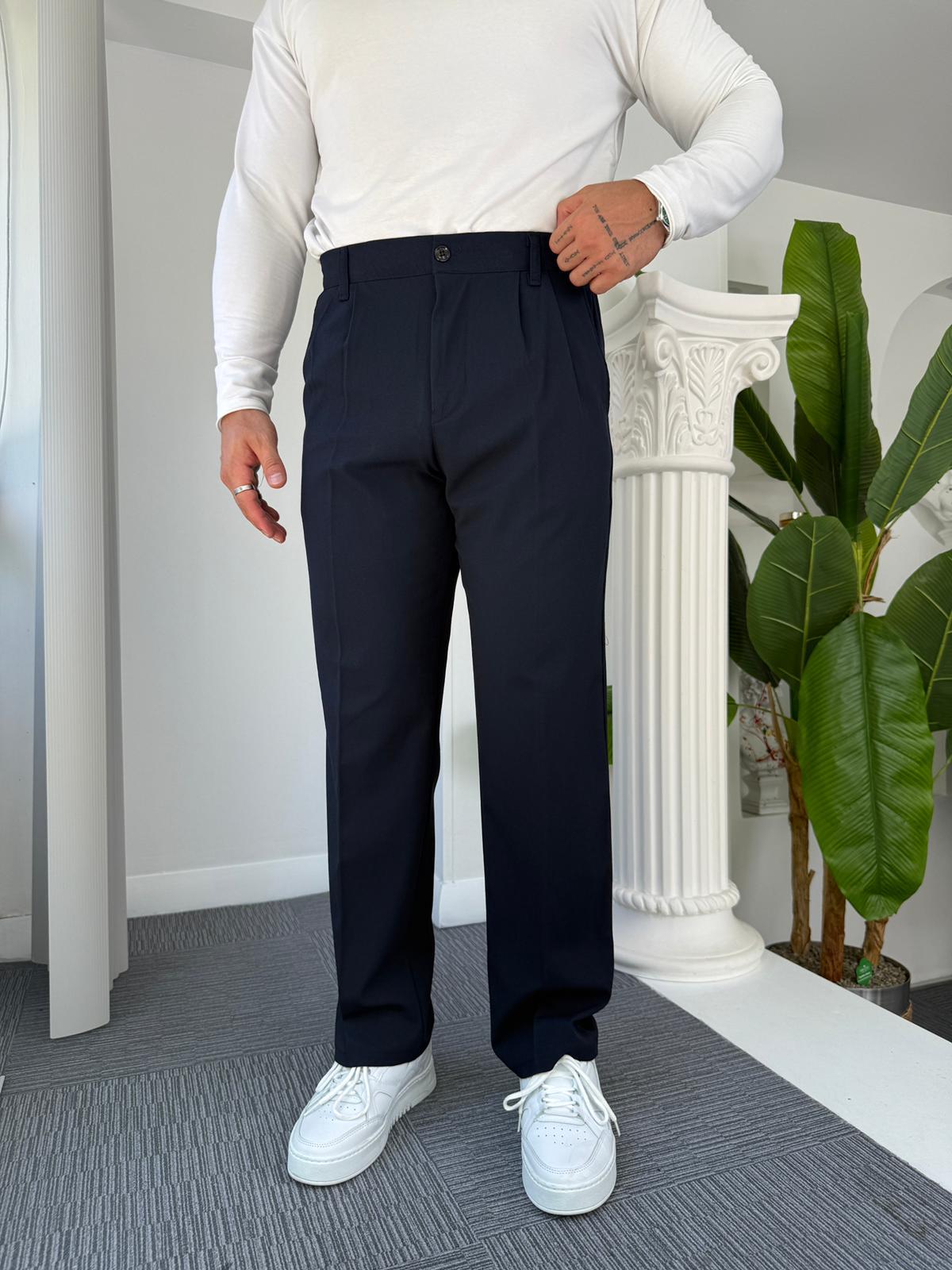 Lacivert Pileli Baggy Kumaş Pantolon 