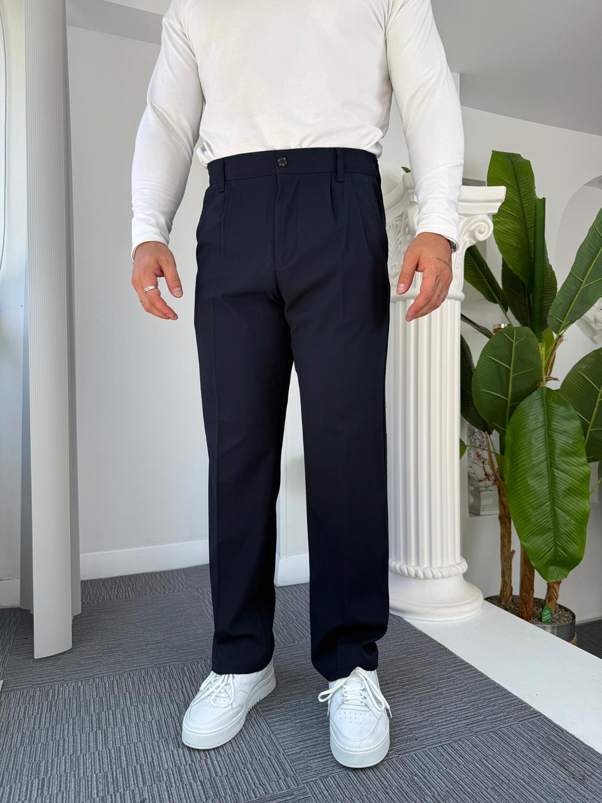 Lacivert Pileli Baggy Kumaş Pantolon 