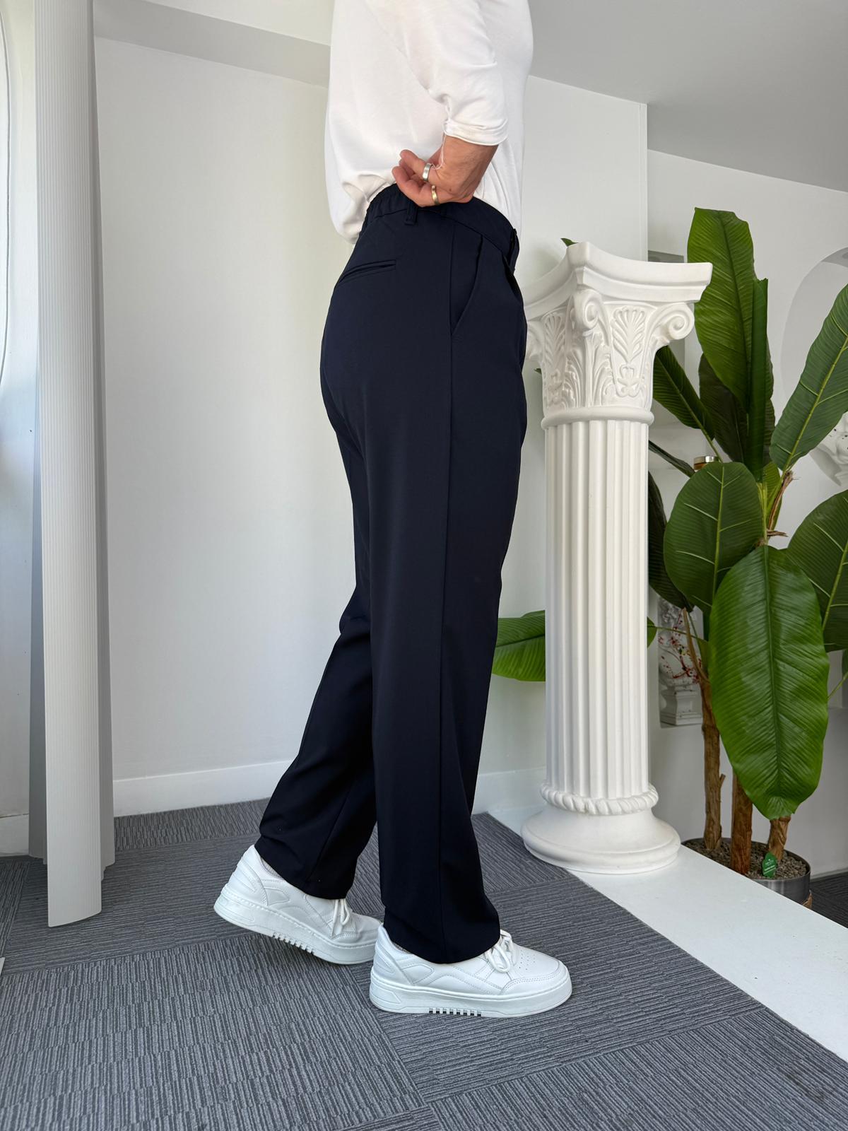 Lacivert Pileli Baggy Kumaş Pantolon 