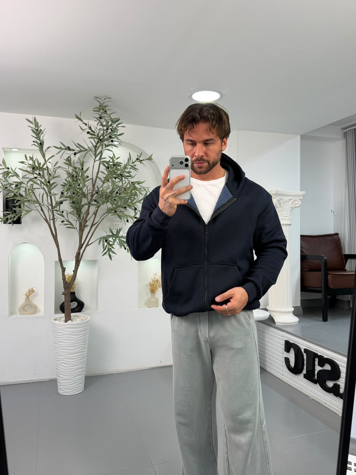 Lacivert RL 3iplik Şardonlu Oversize Kapüşonlu Hırka
