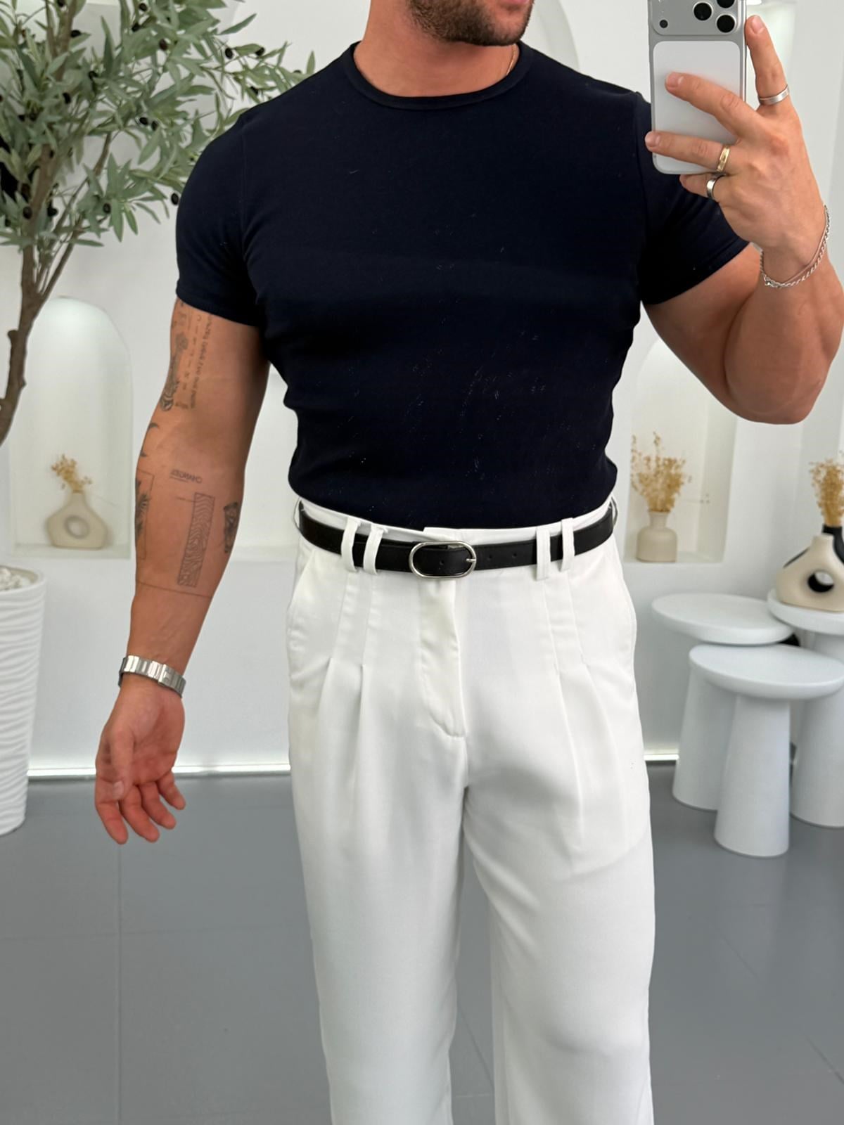Lacivert RL İnce Fitilli Bisiklet Yaka Tshirt