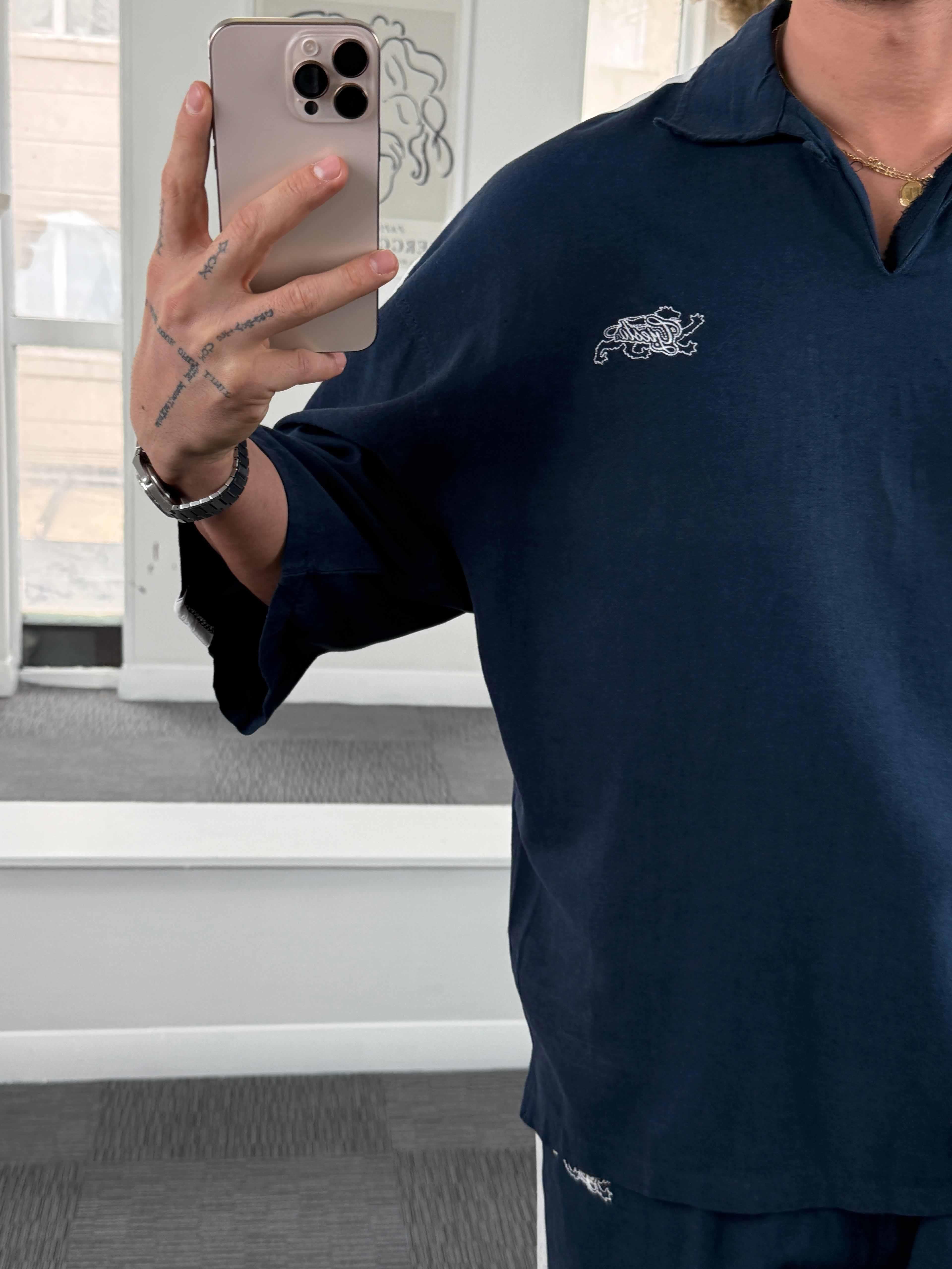 Lacivert Şeritli Gies Keten Fakir Kol Tshirt