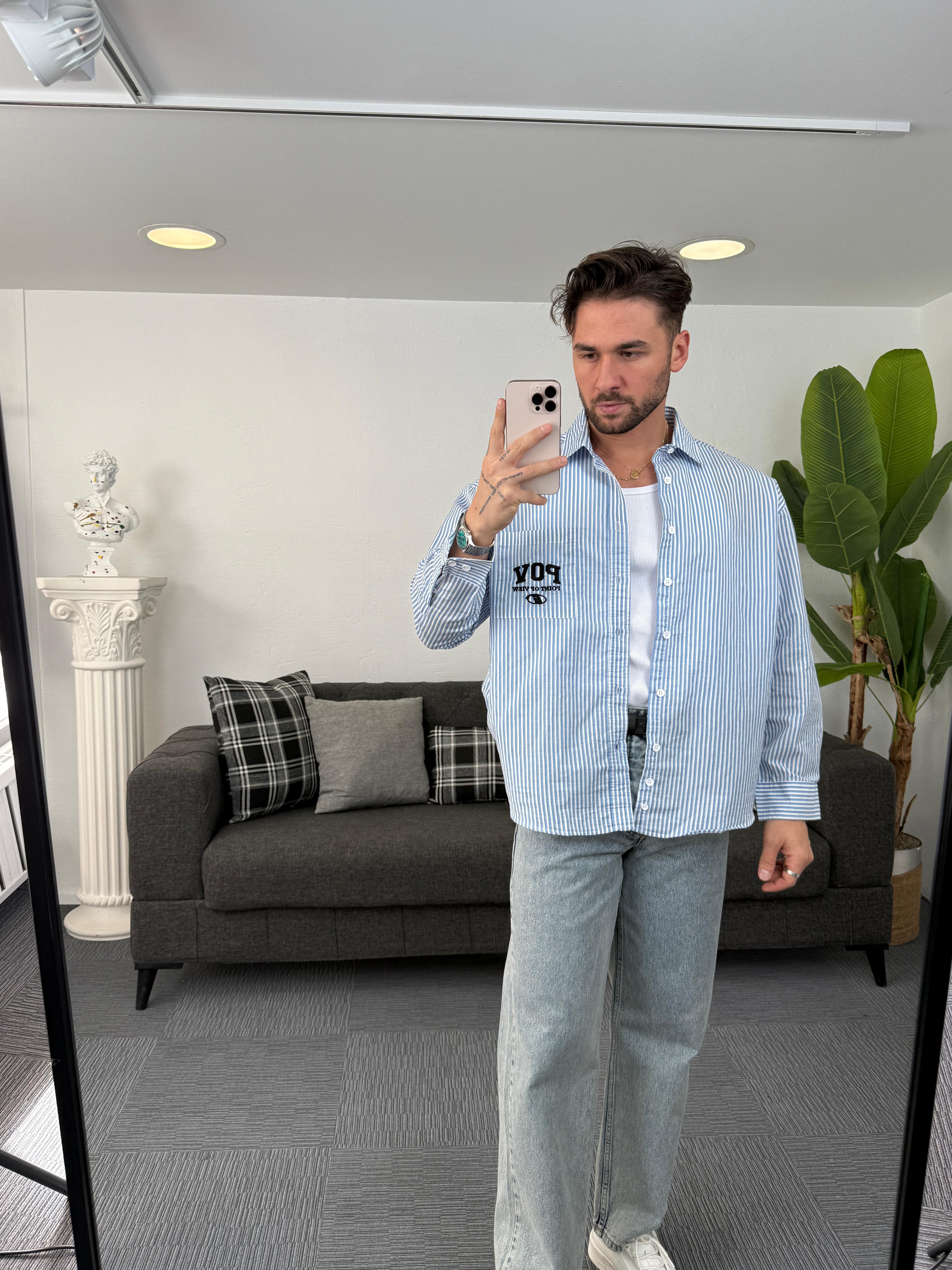 Mavi Beyaz Pov Nakışlı Oversize Gömlek