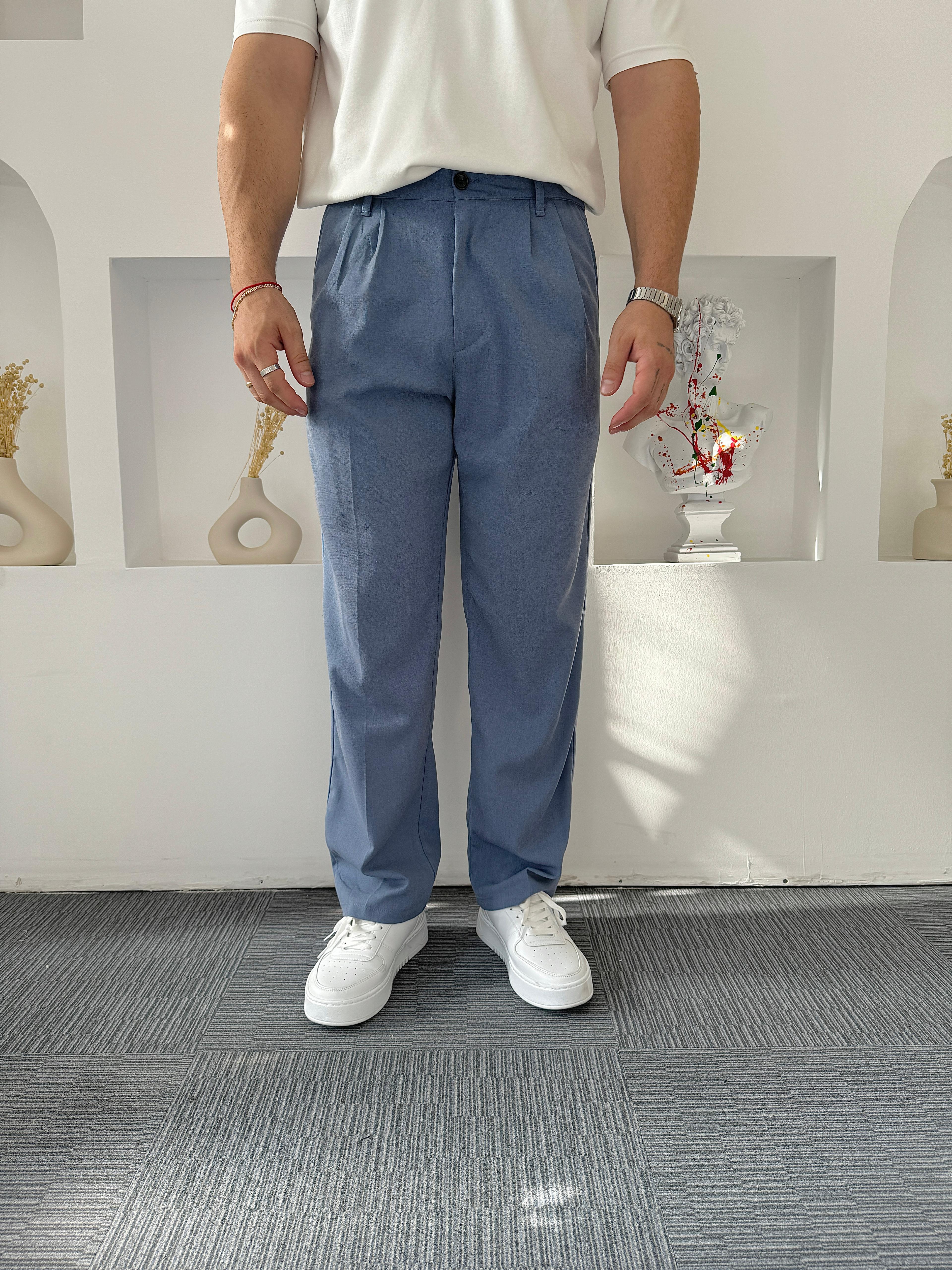 Mavi Pileli Baggy Kumaş Pantolon 