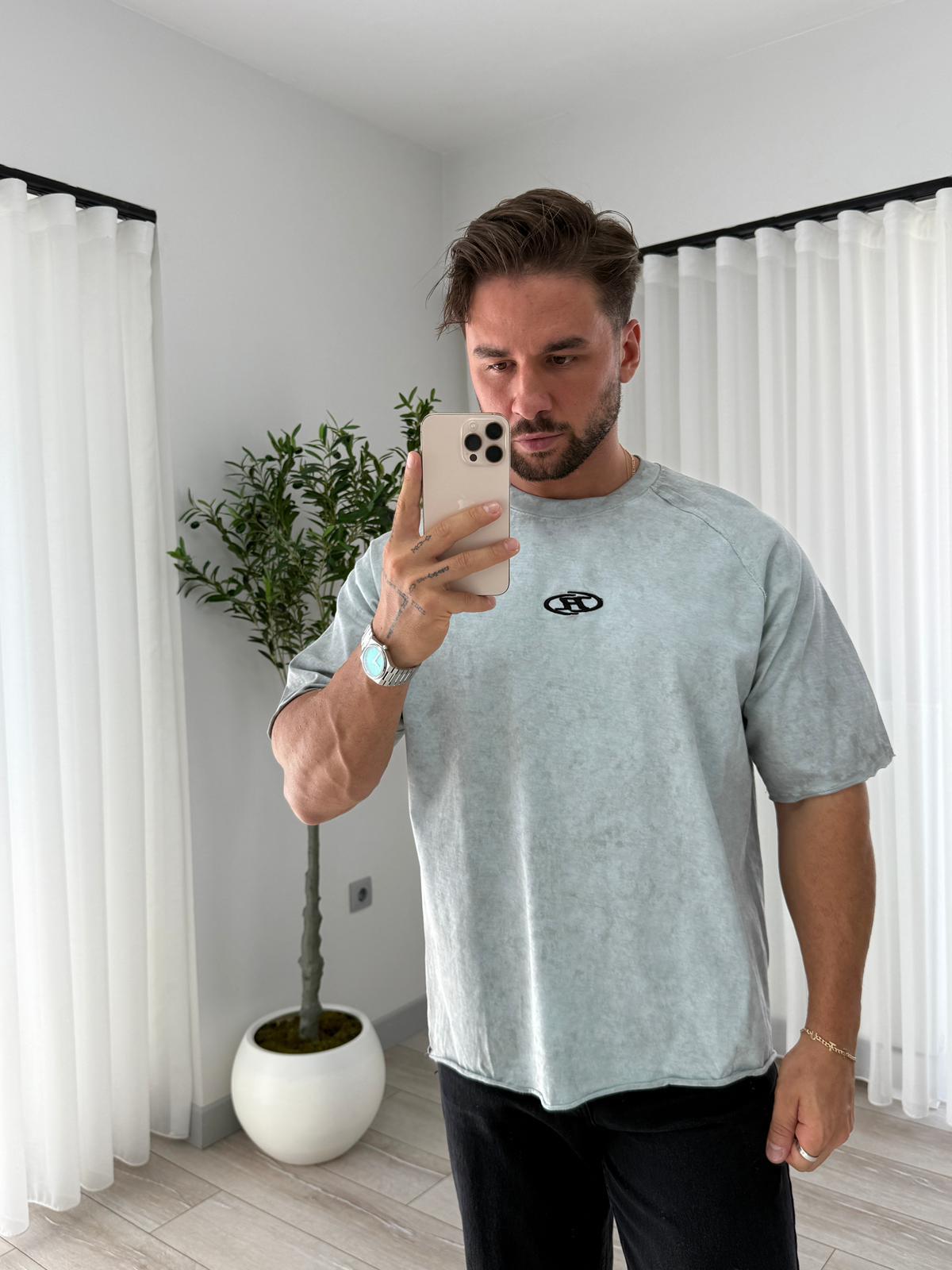 Mavi R Nakışlı Yıkamalı Oversize Tshirt