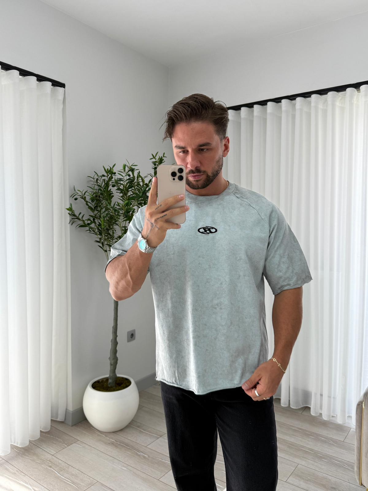 Mavi R Nakışlı Yıkamalı Oversize Tshirt