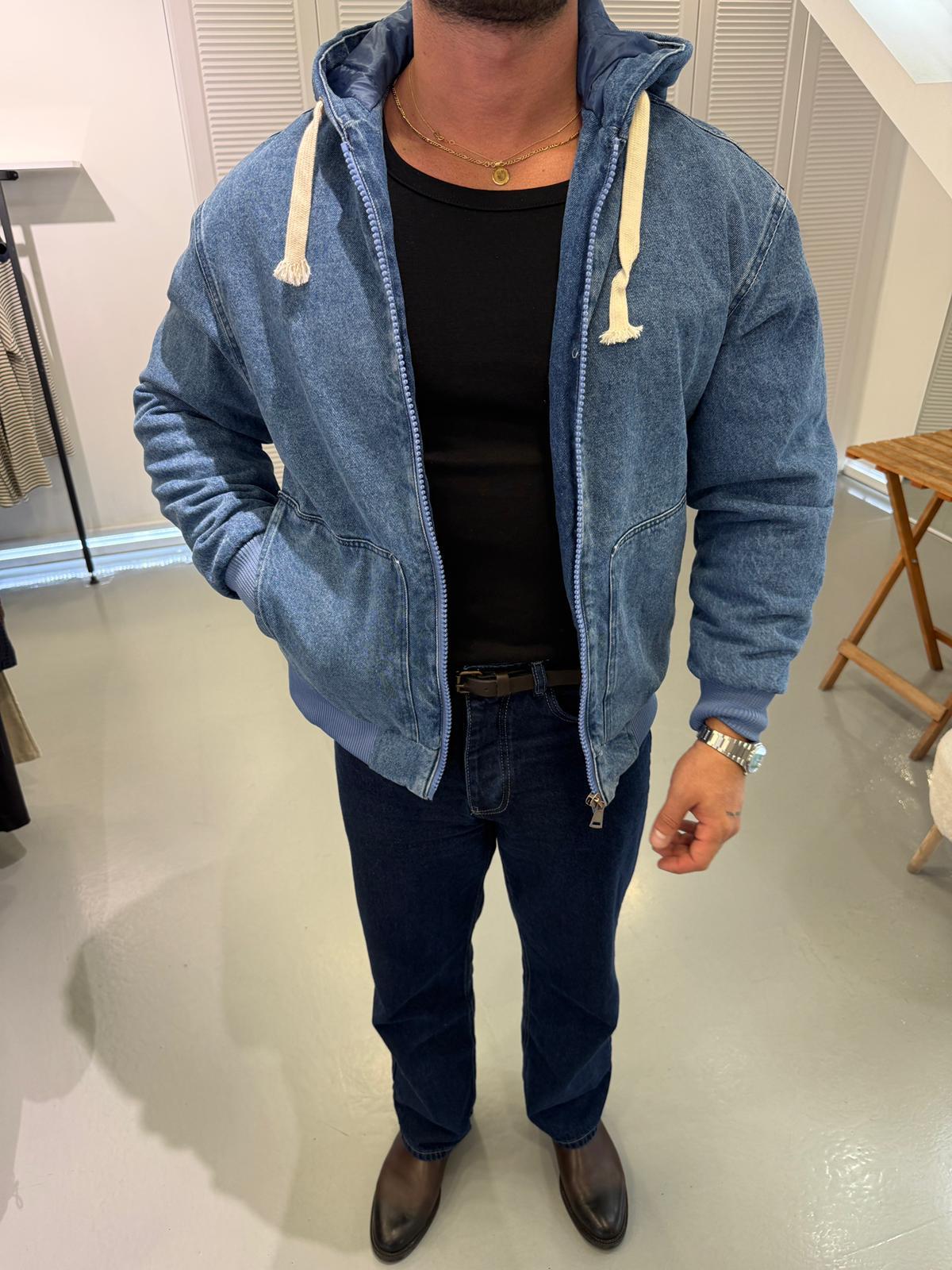 Mavi ST Bomber Kapişonlu Oversize Kot Ceket