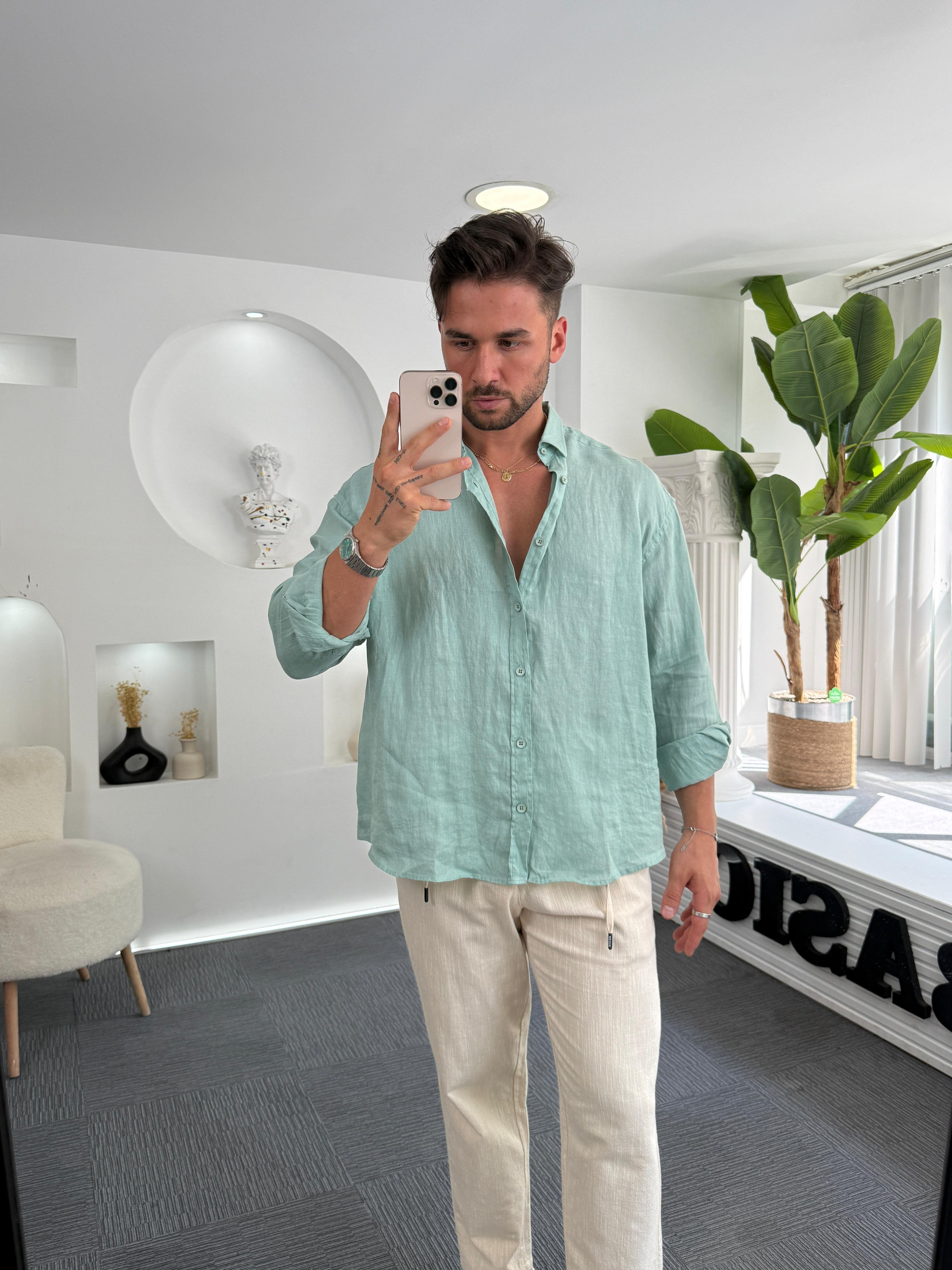 Mint %100 Linen Oversize GG Gömlek
