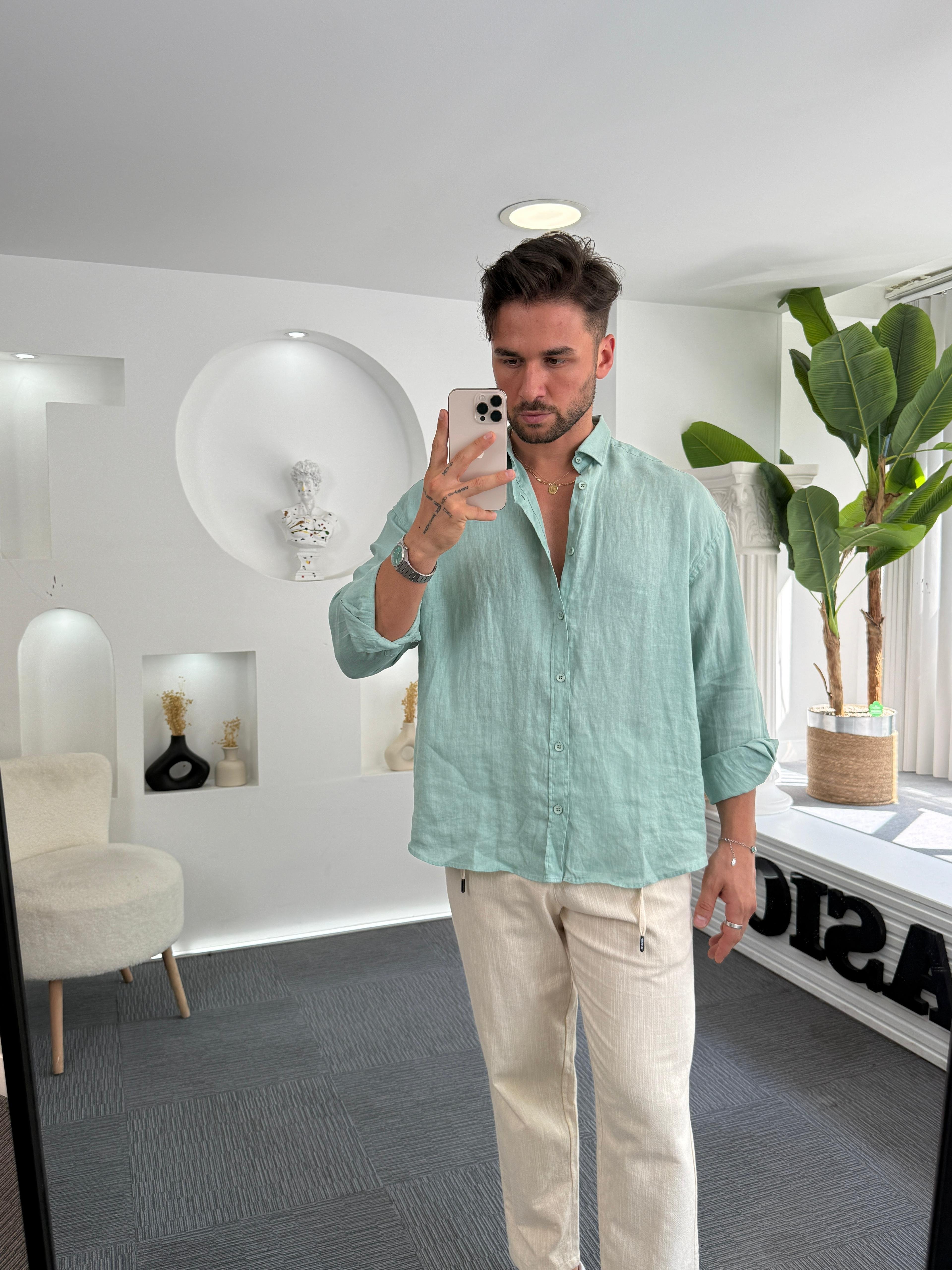 Mint %100 Linen Oversize GG Gömlek