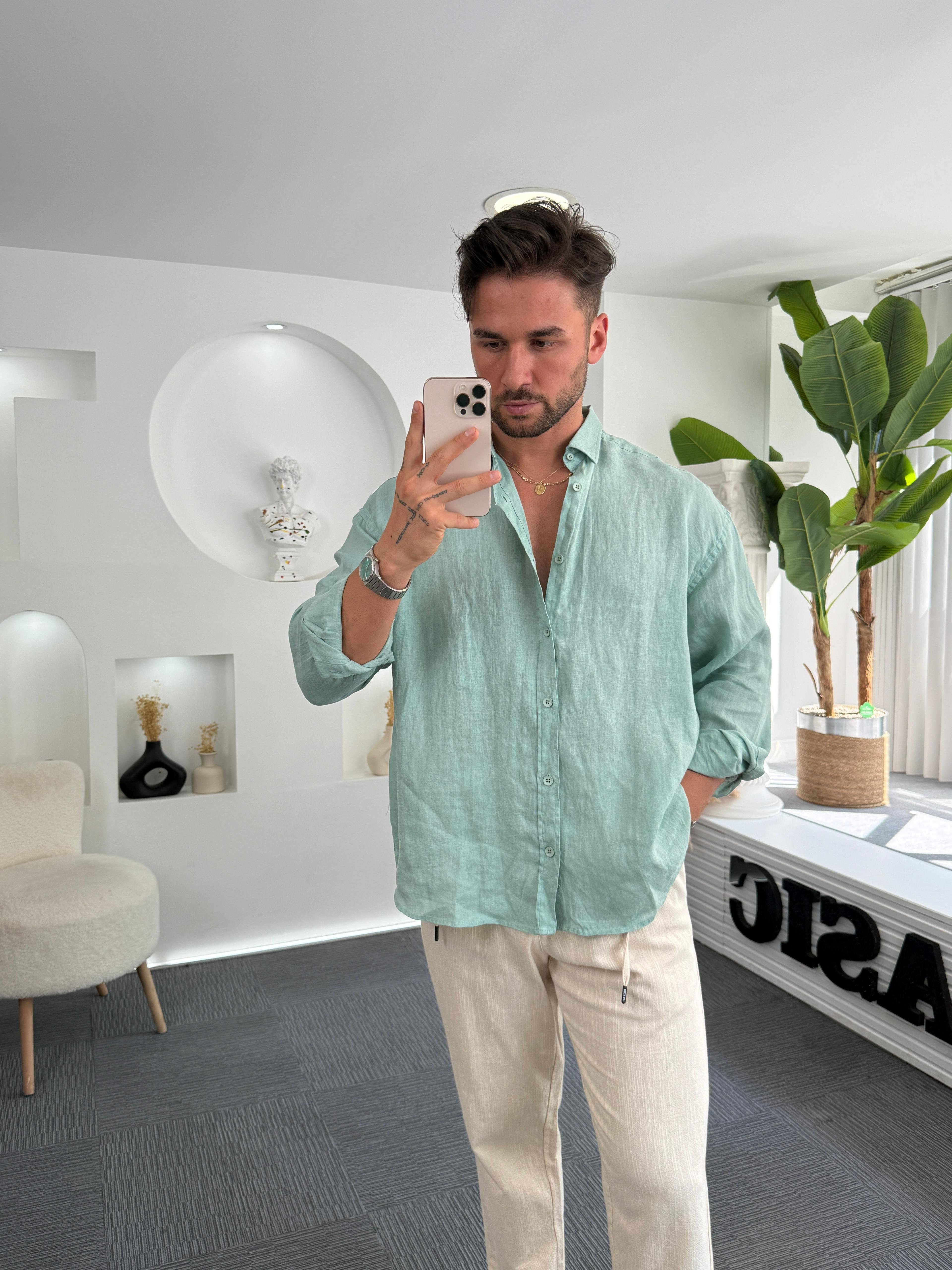 Mint %100 Linen Oversize GG Gömlek