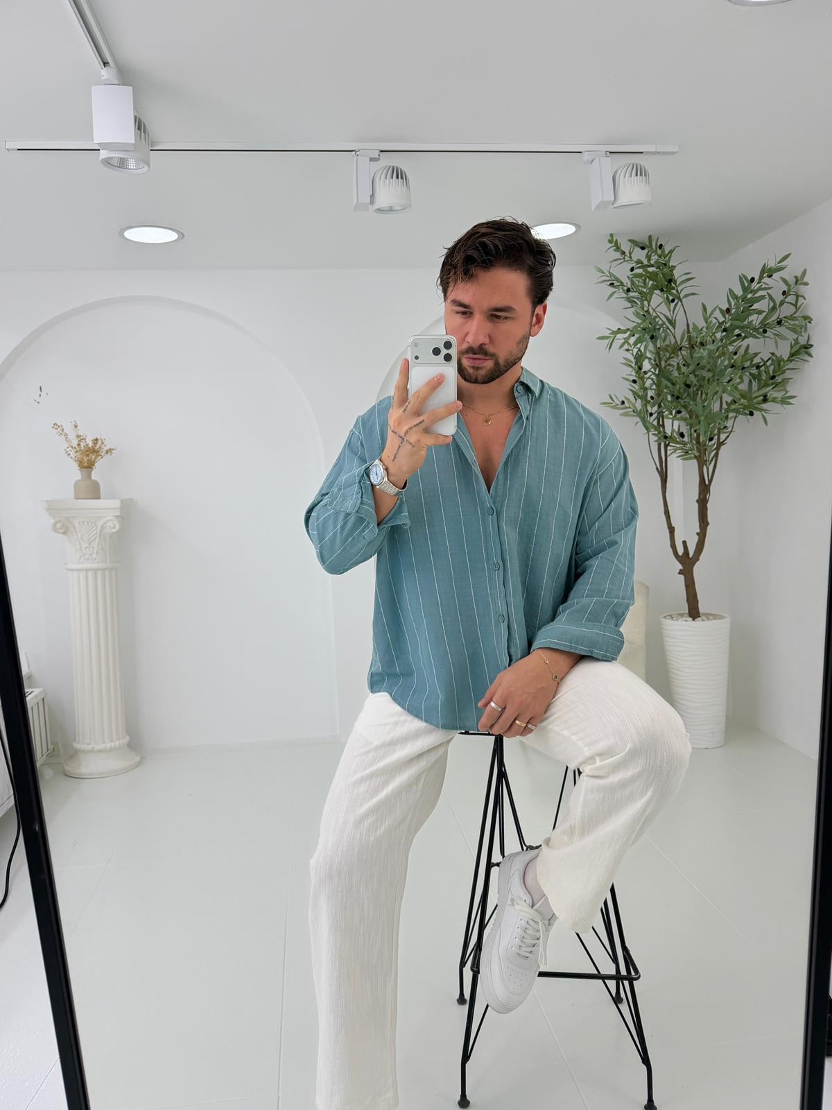 Mint GG Geniş Çizgili Oversize Keten Gömlek
