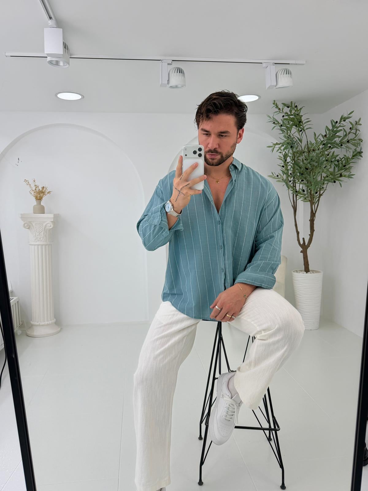 Mint GG Geniş Çizgili Oversize Keten Gömlek