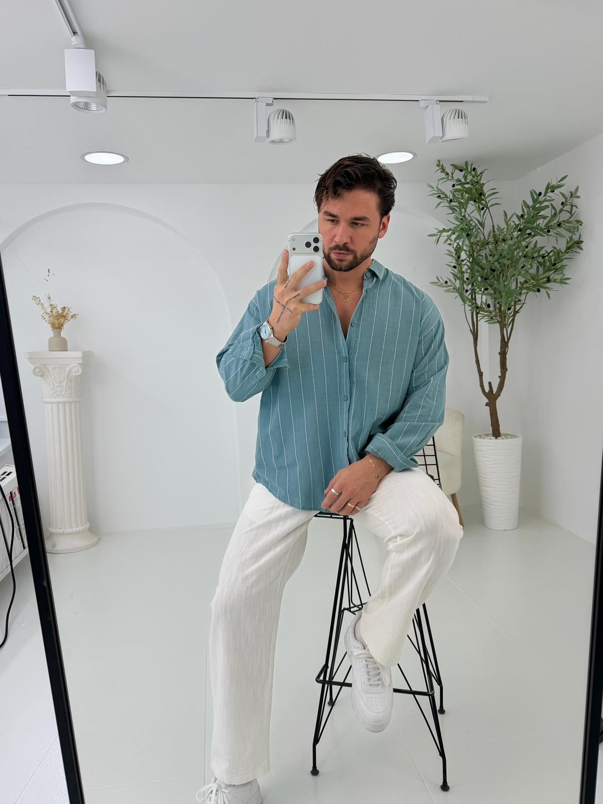 Mint GG Geniş Çizgili Oversize Keten Gömlek