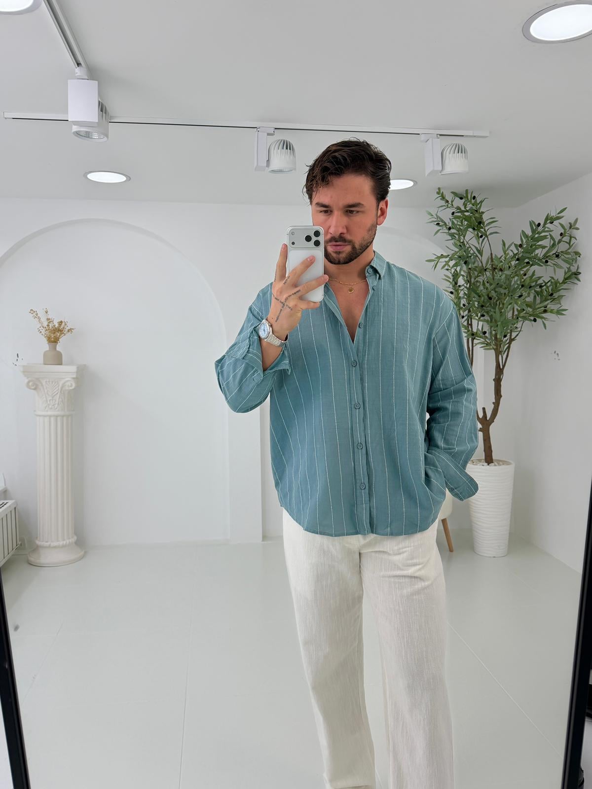 Mint GG Geniş Çizgili Oversize Keten Gömlek