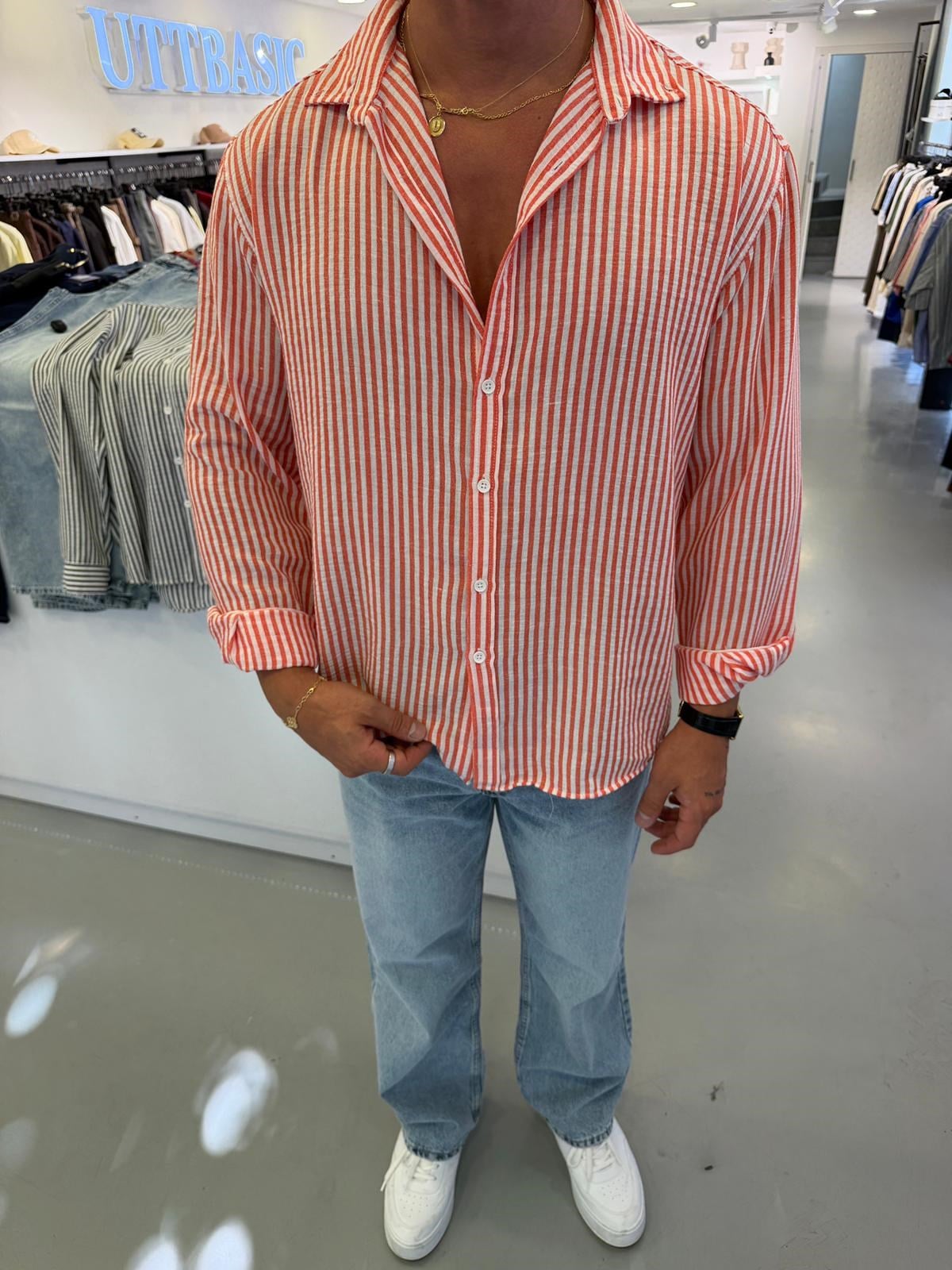 Oranj Çizgili GG Stripe Oversize Gömlek