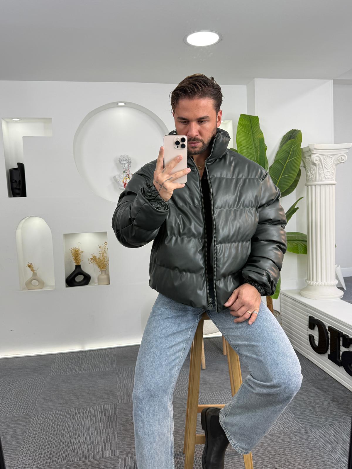 Oversize Deri Şişme Mont Haki