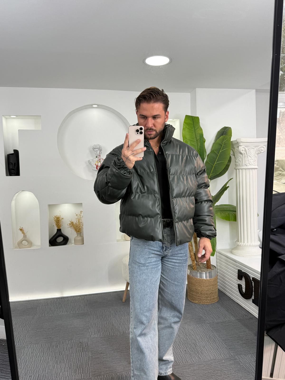 Oversize Deri Şişme Mont Haki