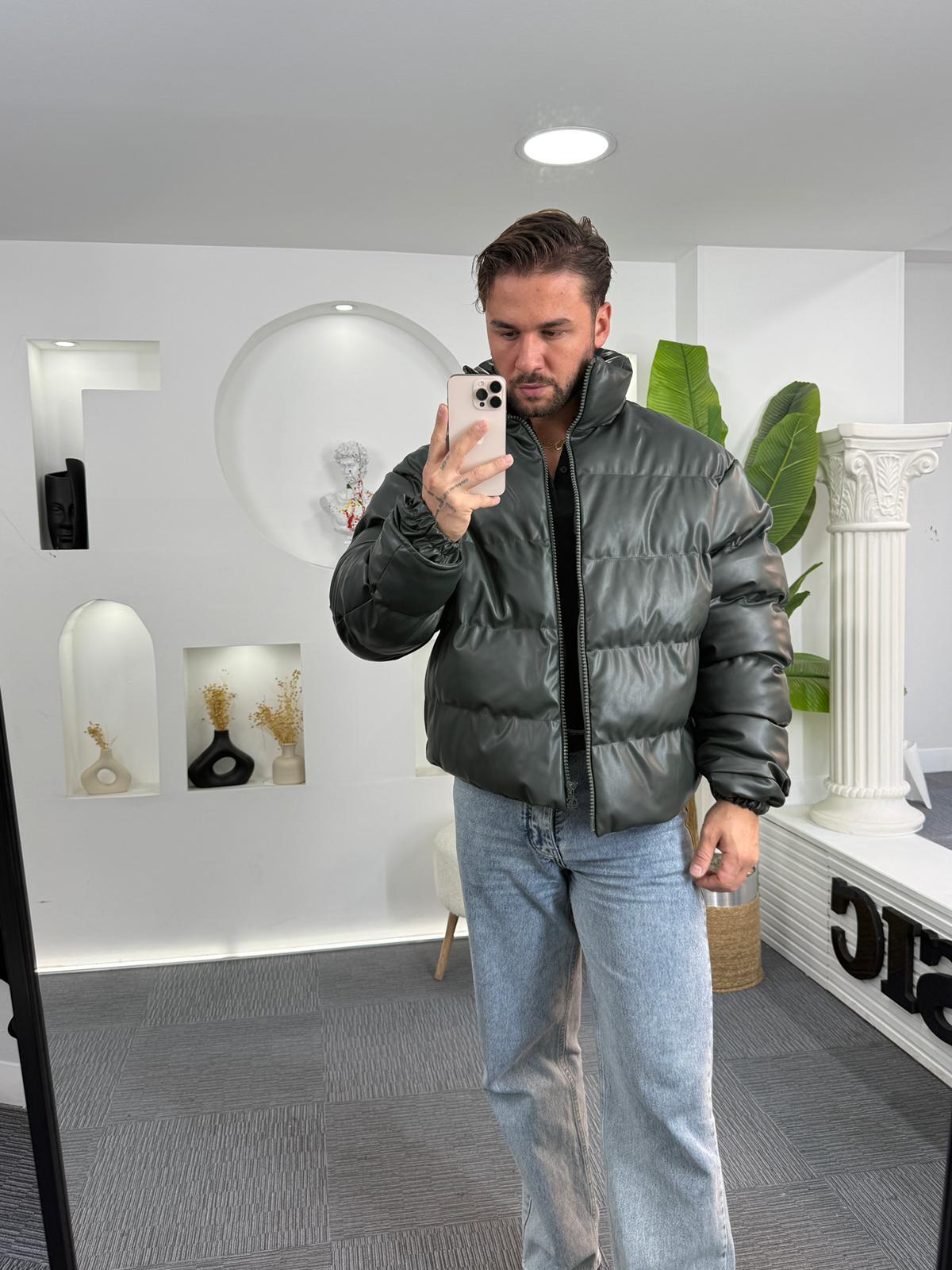 Oversize Deri Şişme Mont Haki
