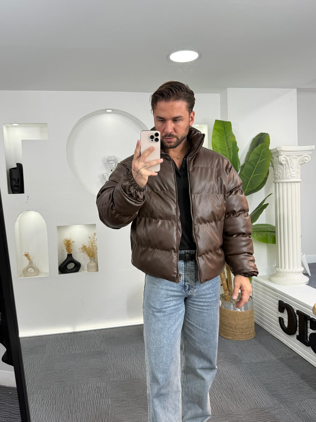 Oversize Deri Şişme Mont Kahve