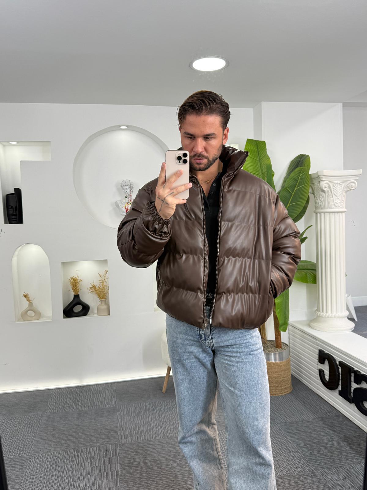 Oversize Deri Şişme Mont Kahve