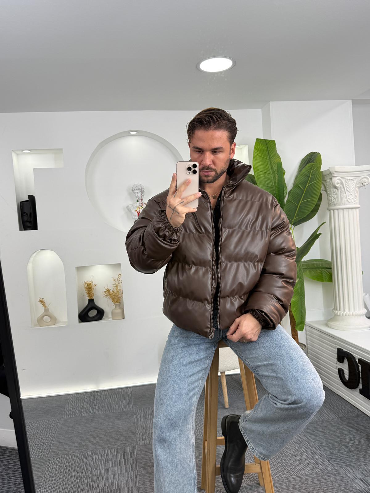Oversize Deri Şişme Mont Kahve