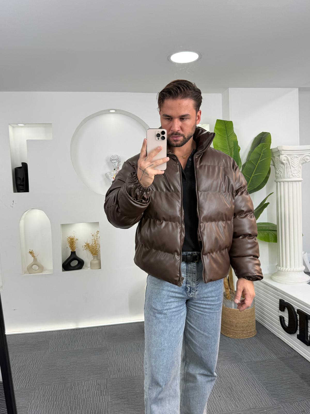 Oversize Deri Şişme Mont Kahve